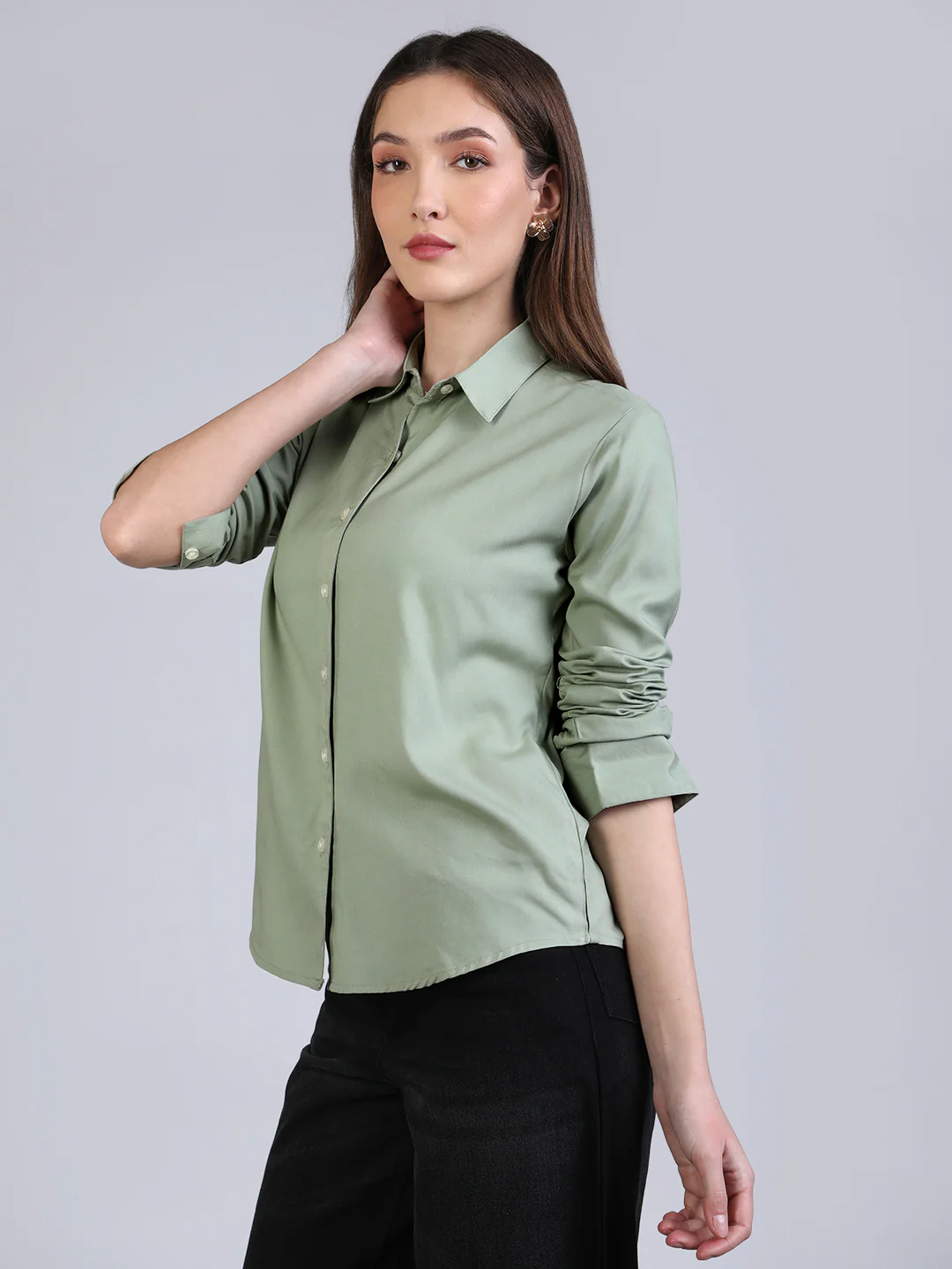 Women's Dusty Green Modal Viscose Full Sleeve Regular Fit Casual Solid Shirt with Regular Collar - Image 3