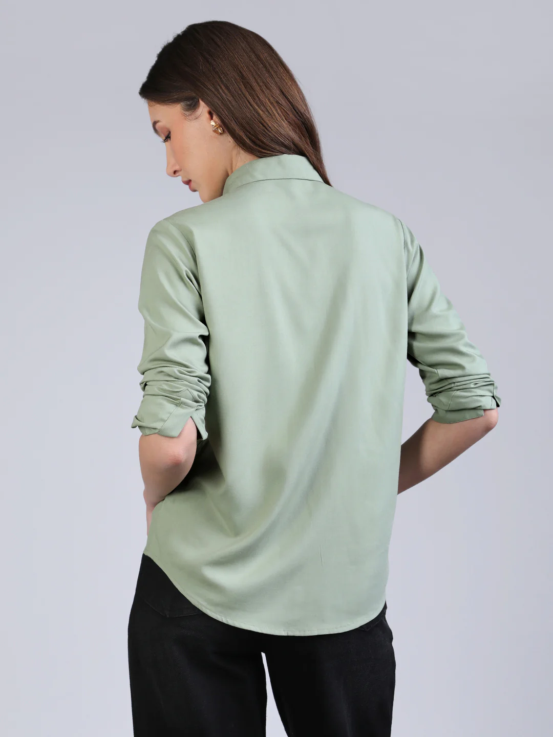 Women's Dusty Green Modal Viscose Full Sleeve Regular Fit Casual Solid Shirt with Regular Collar - Image 4