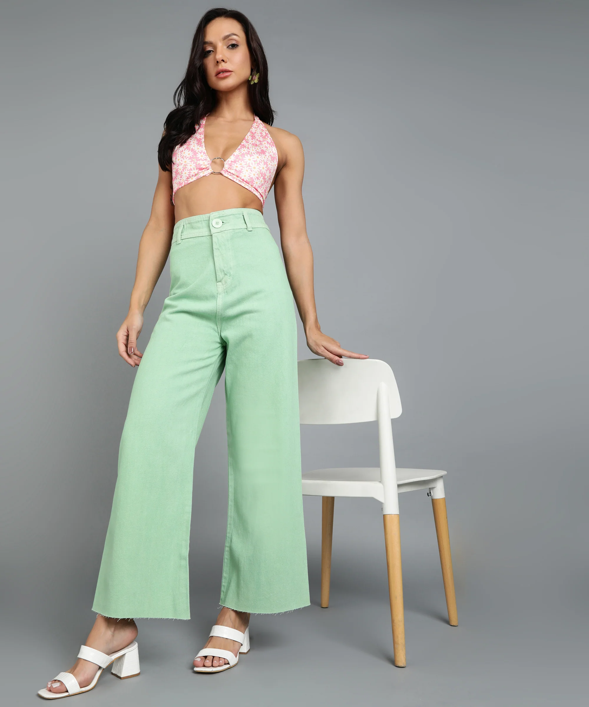 Women's Green Wide Leg Fit Washed Jeans - Image 4