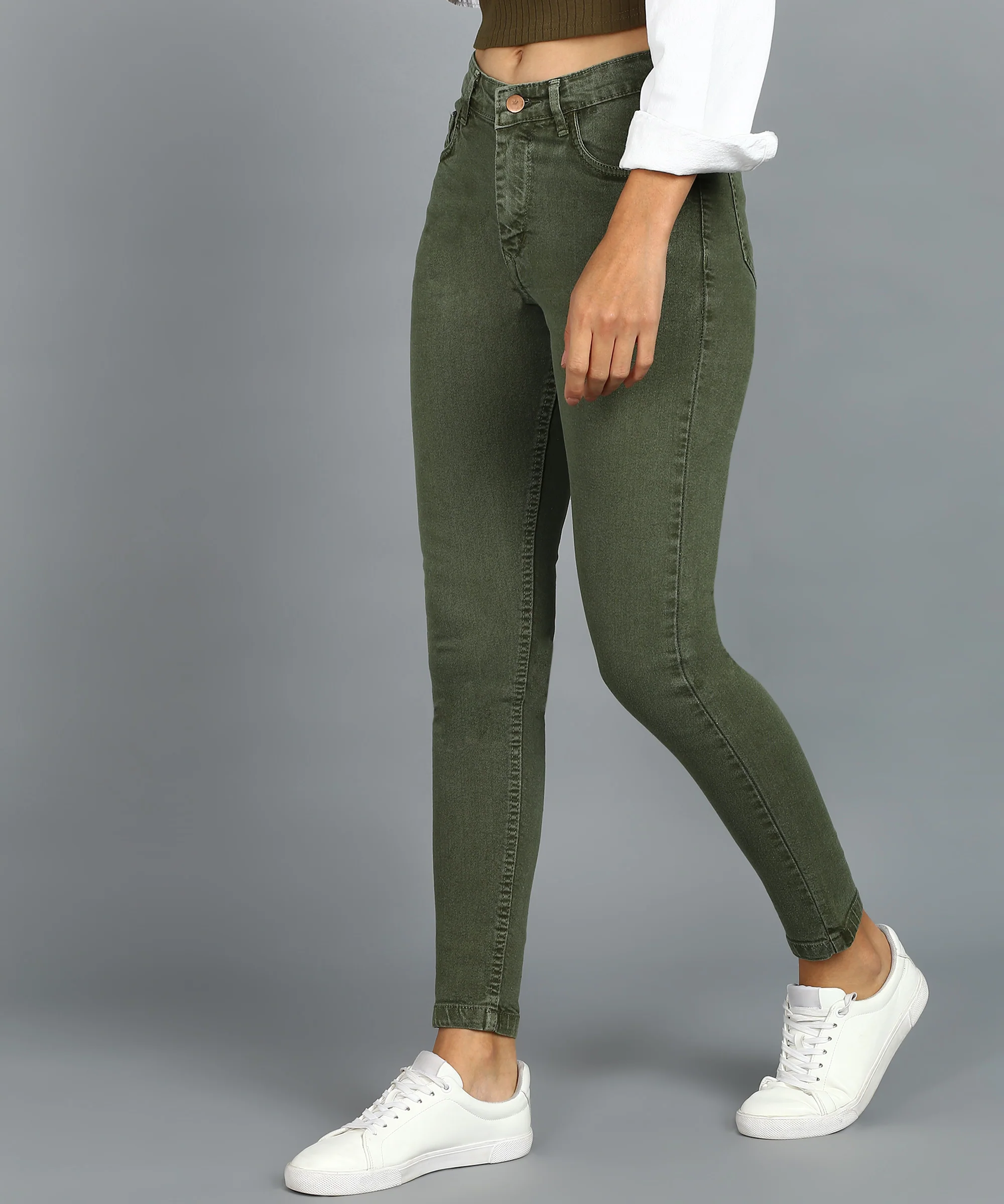 Women's Green Skinny Fit Washed Jeans - Image 3
