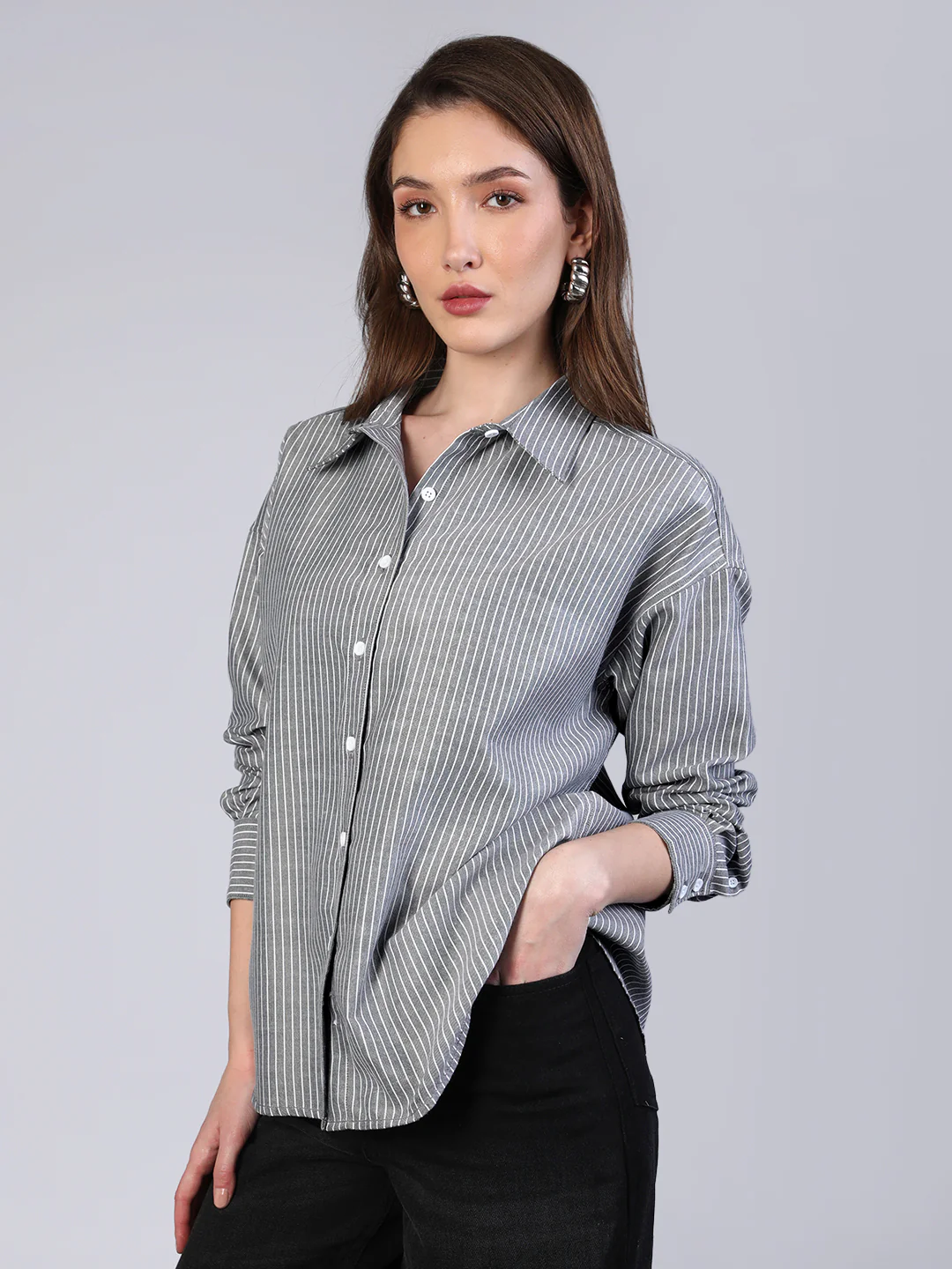 Women's Grey Cotton Full Sleeve Oversized Fit Casual Striped Shirt with Spread Collar - Image 3