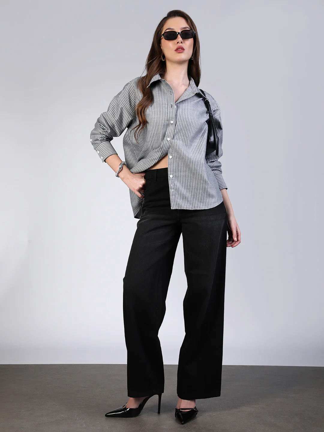 Women's Grey Cotton Full Sleeve Oversized Fit Casual Striped Shirt with Spread Collar - Image 5