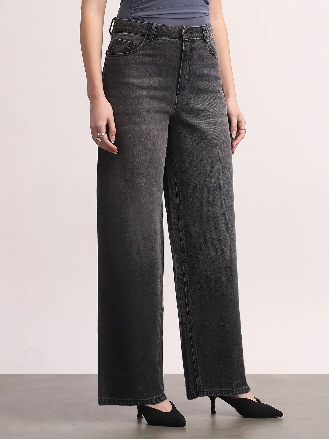 Women's Grey High Rise Baggy Fit Washed Jeans Non-Stretchable - Image 2