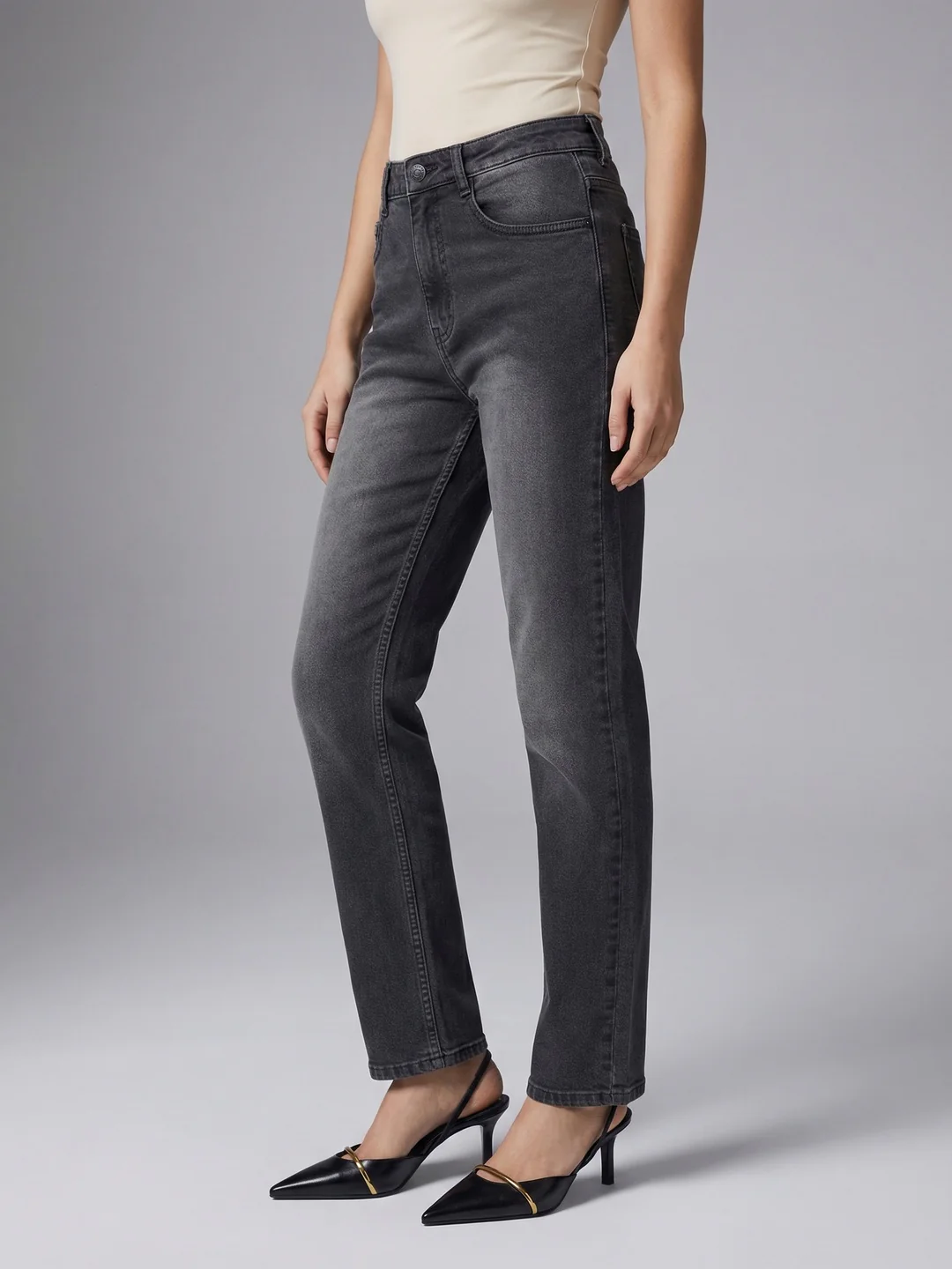Women's Grey High Rise Straight Fit Washed Jeans Non-Stretchable - Image 2