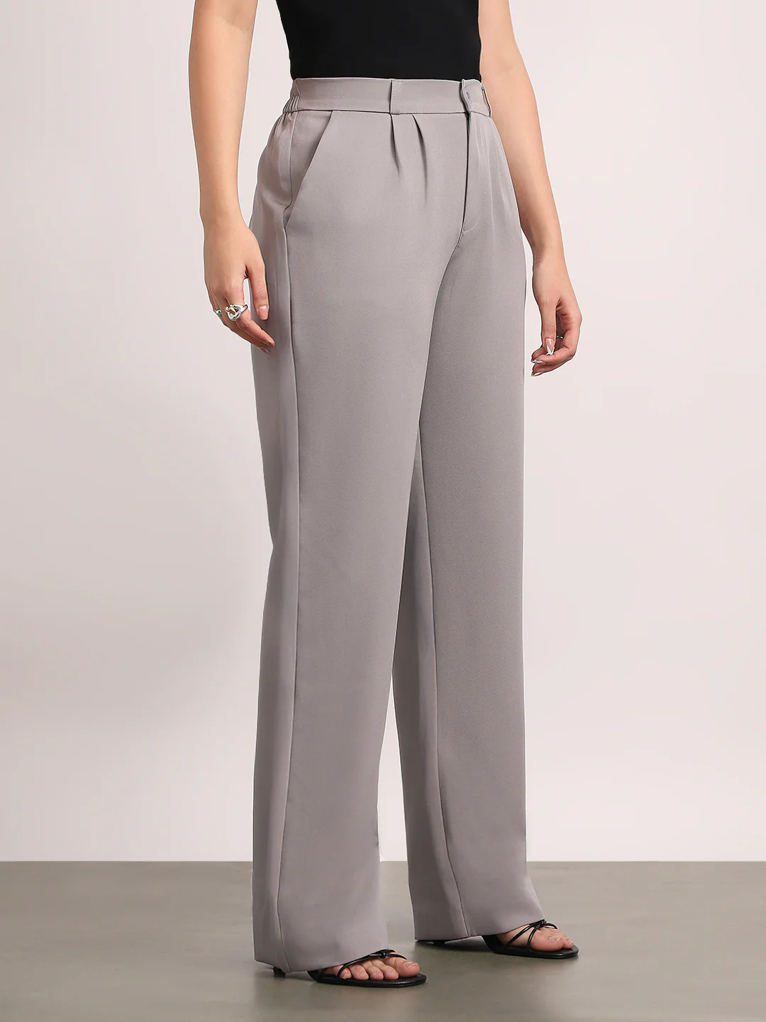 Women's Grey Loose Baggy Fit Solid Korean Pants Stretchable - Image 2