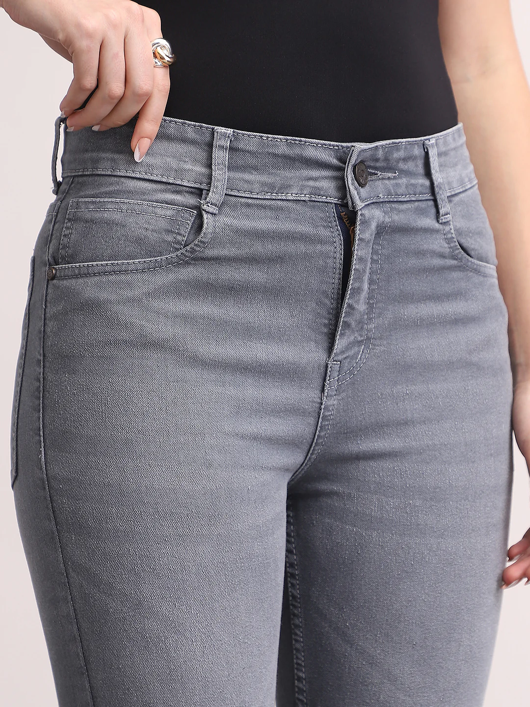 Women's Grey Mid Rise Bootcut Fit Washed Jeans Stretchable - Image 5