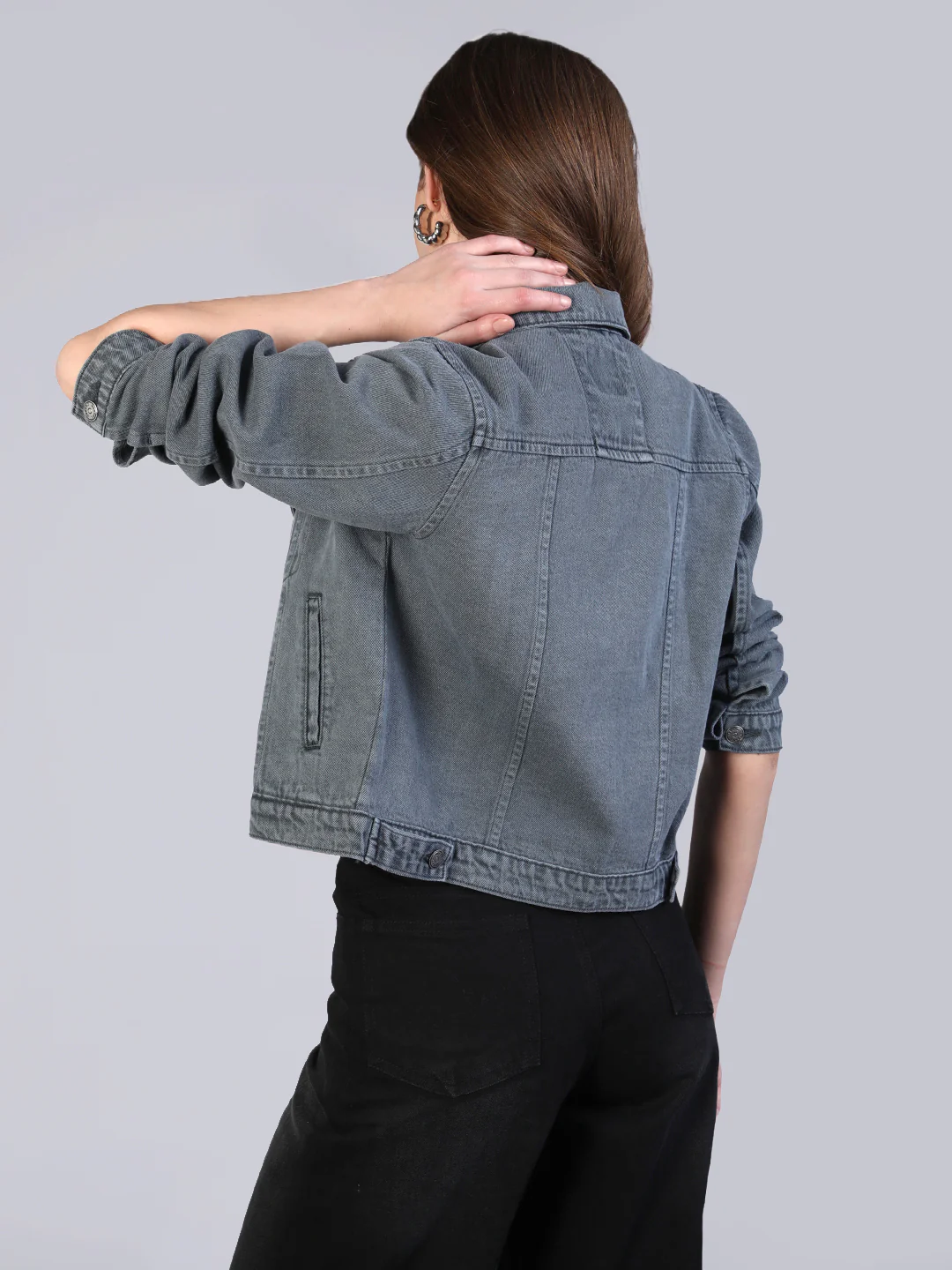 Women's Grey Regular Fit Washed Full Sleeve Denim Jacket - Image 3