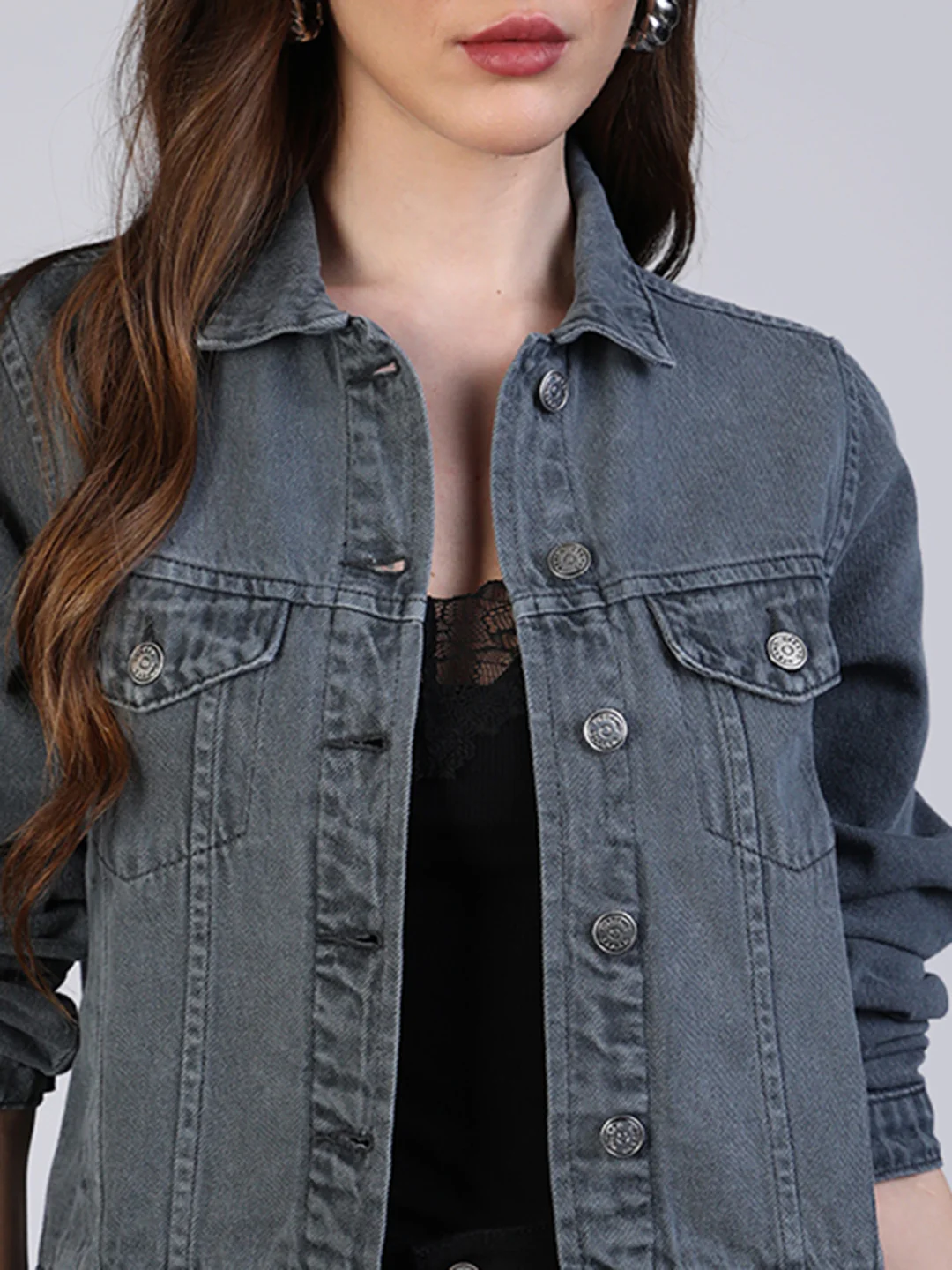Women's Grey Regular Fit Washed Full Sleeve Denim Jacket - Image 5