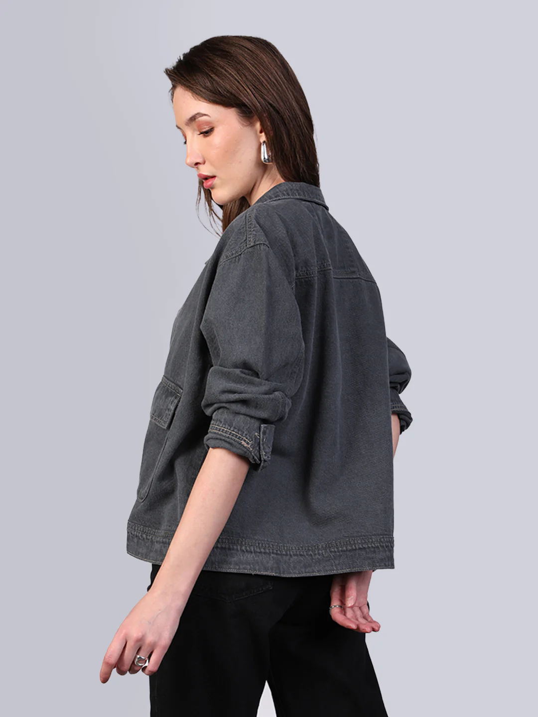 Women's Grey Relaxed Fit Full Sleeve Utility Denim Jacket - Image 3