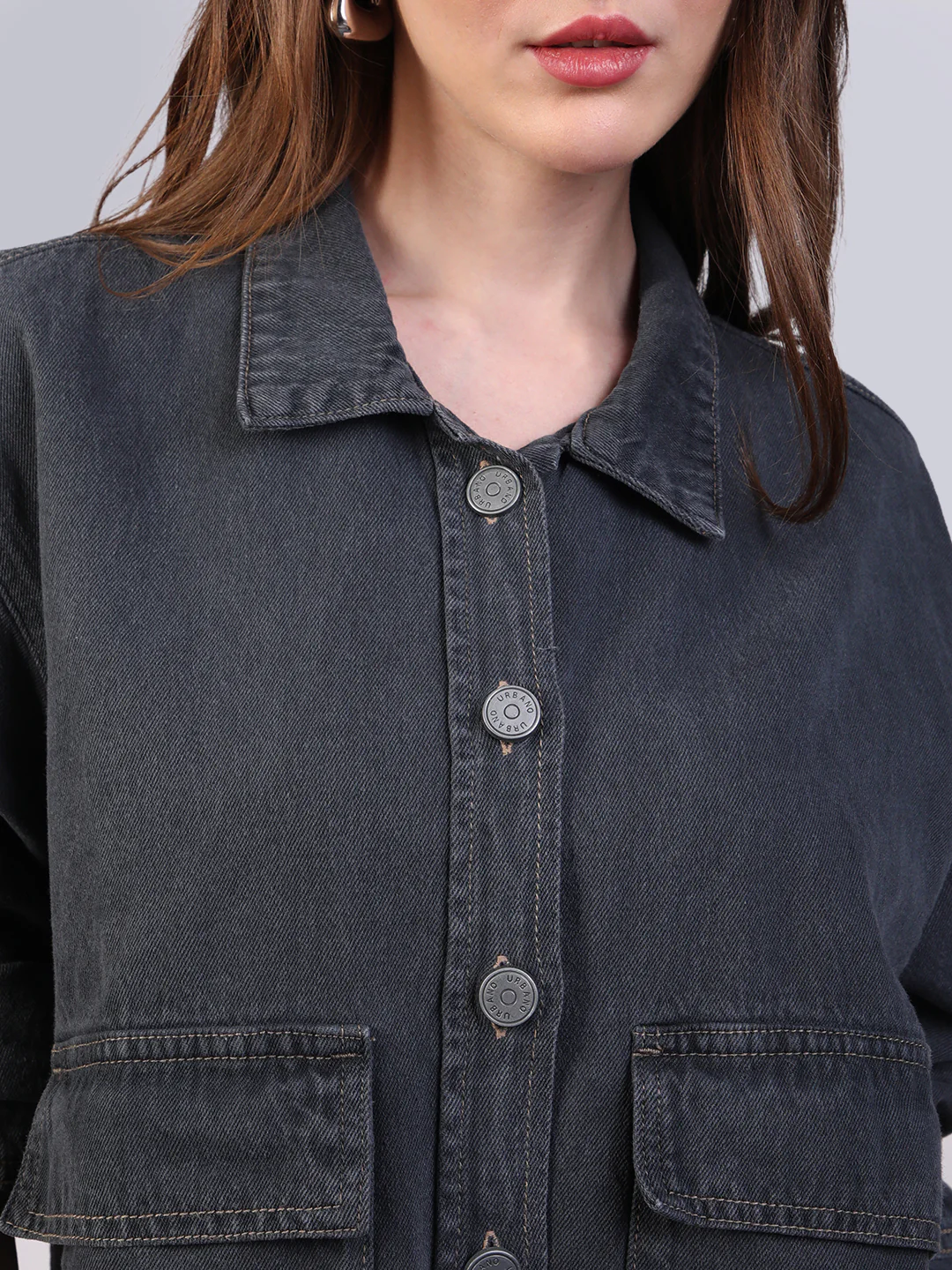 Women's Grey Relaxed Fit Full Sleeve Utility Denim Jacket - Image 5