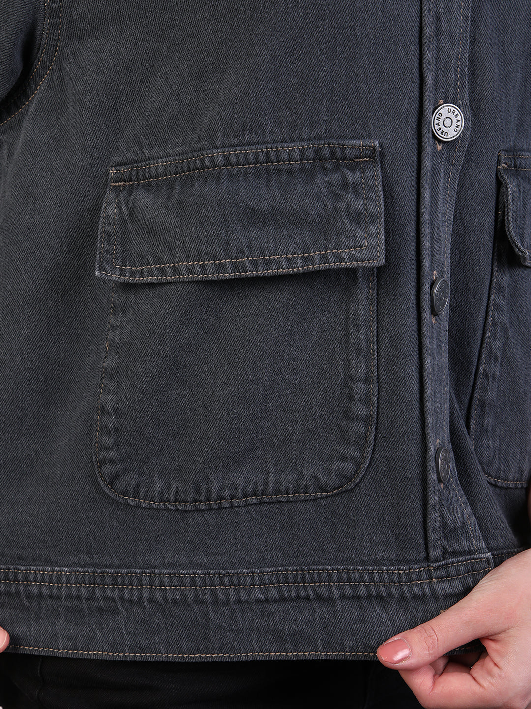 Women's Grey Relaxed Fit Full Sleeve Utility Denim Jacket - Image 6