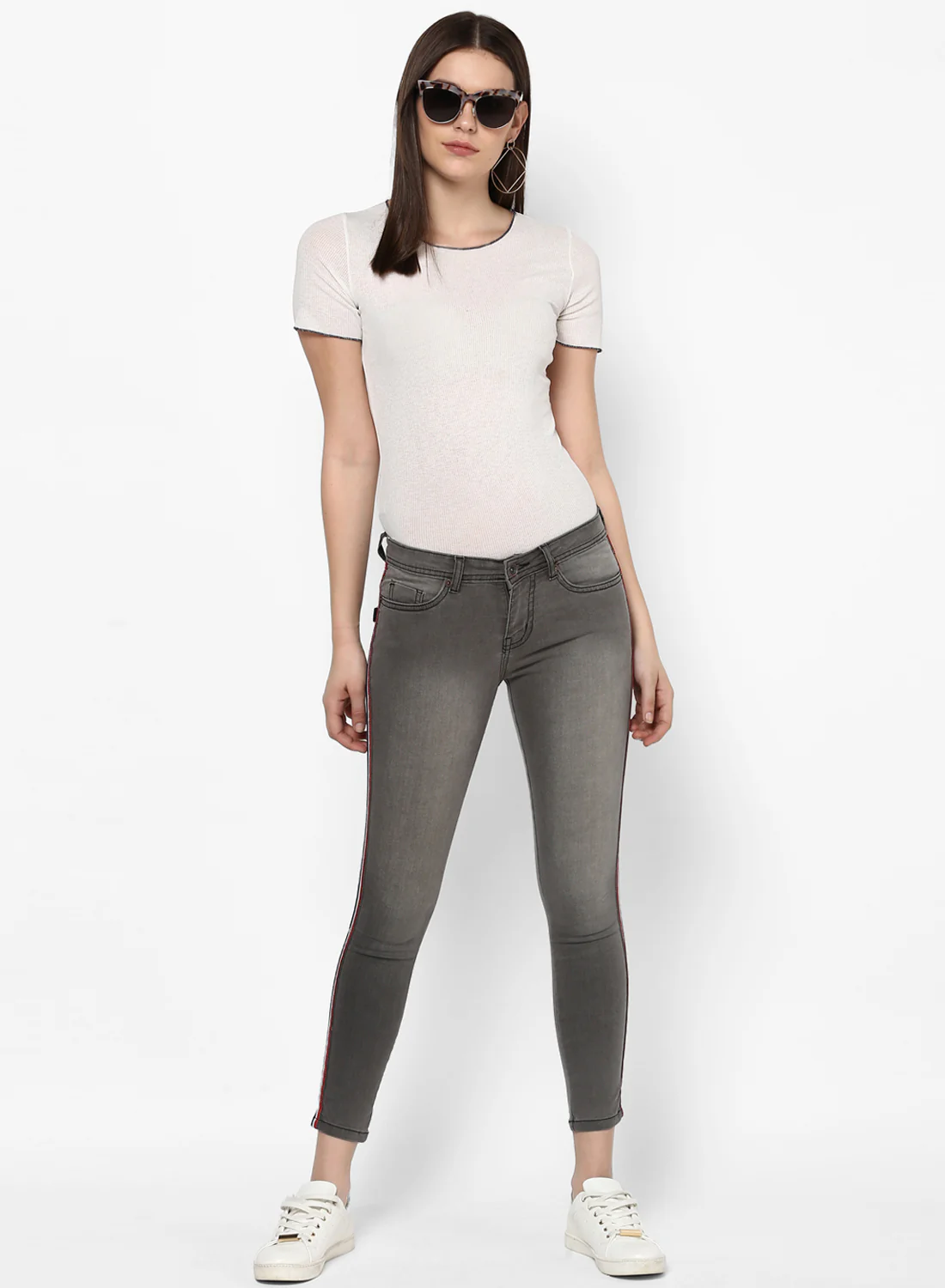 Women's Grey Side Striped Skinny Fit Jeans Stretch - Image 4