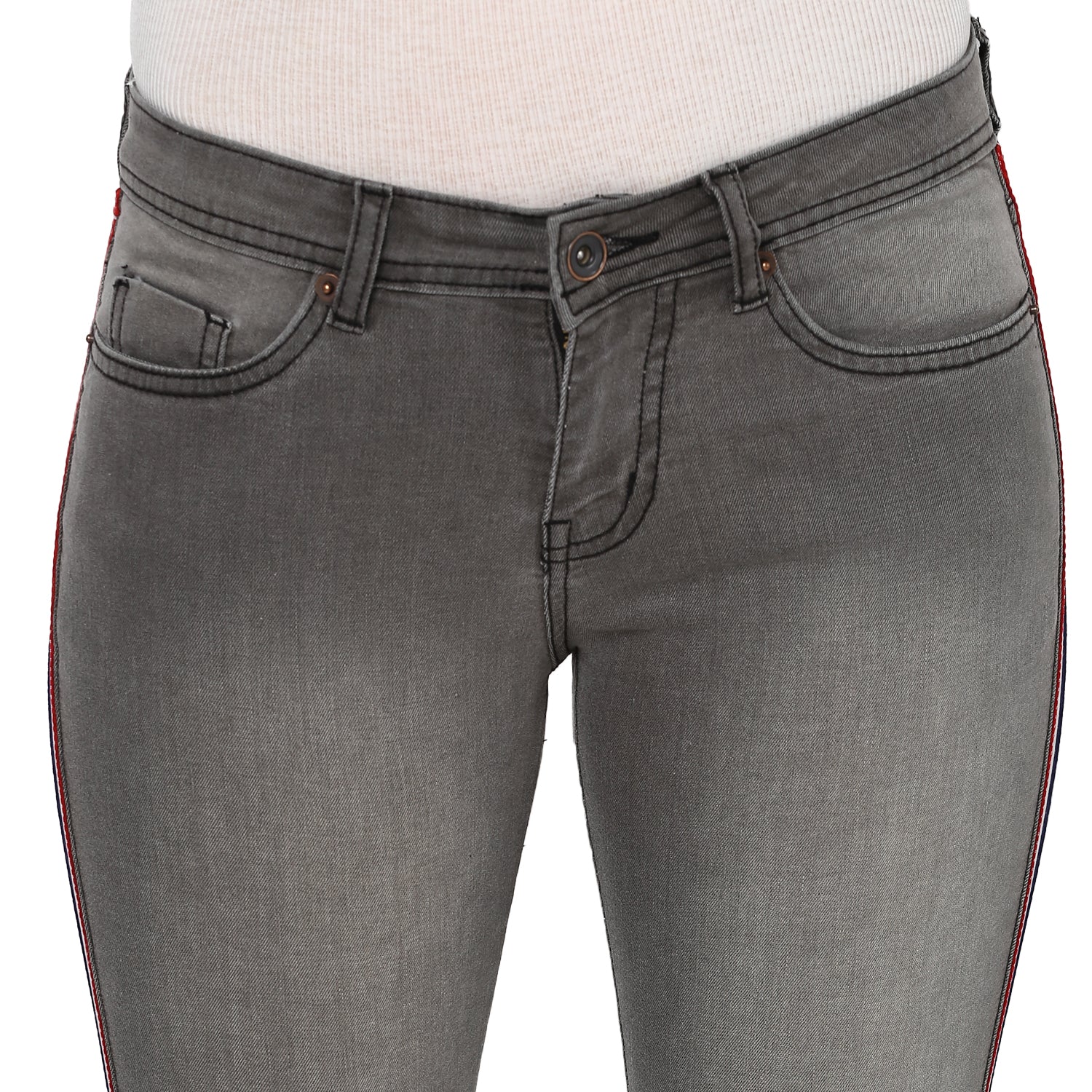 Women's Grey Side Striped Skinny Fit Jeans Stretch - Image 6