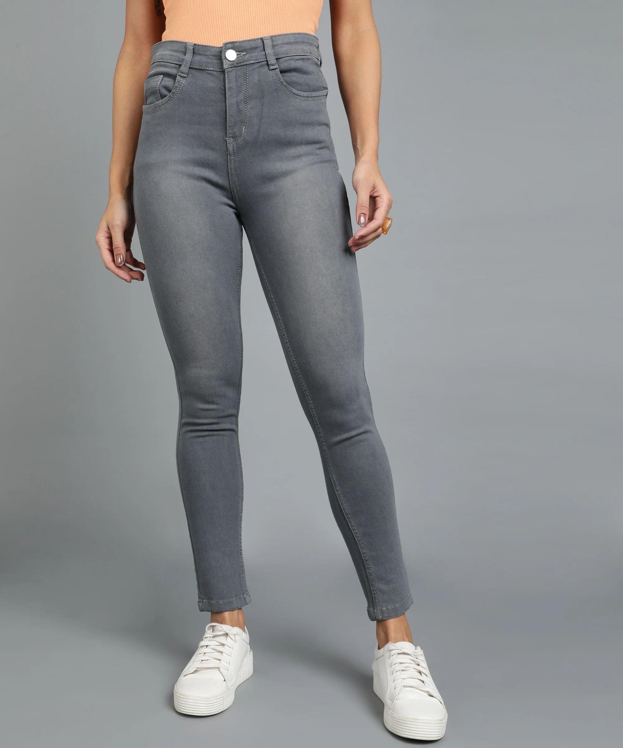 Women's Grey Skinny Fit Washed Jeans - Image 2