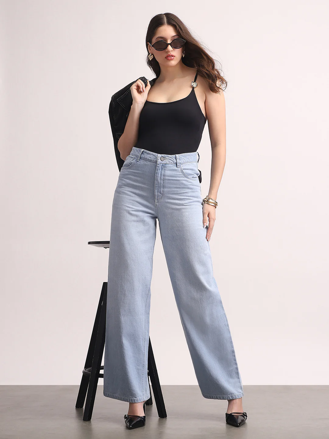 Women's Ice Blue High Rise Baggy Fit Washed Jeans Non-Stretchable - Image 4