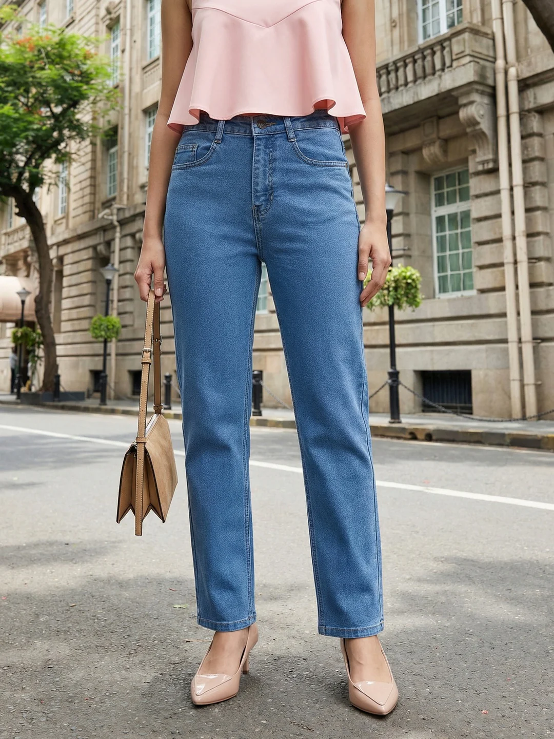 Women's Ice Blue High Rise Straight Fit Washed Jeans Non-Stretchable
