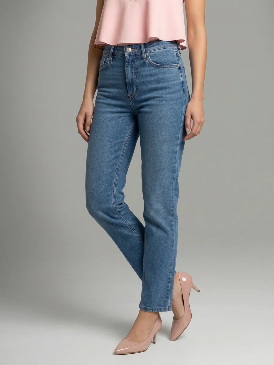 Women's Ice Blue High Rise Straight Fit Washed Jeans Non-Stretchable - Image 2
