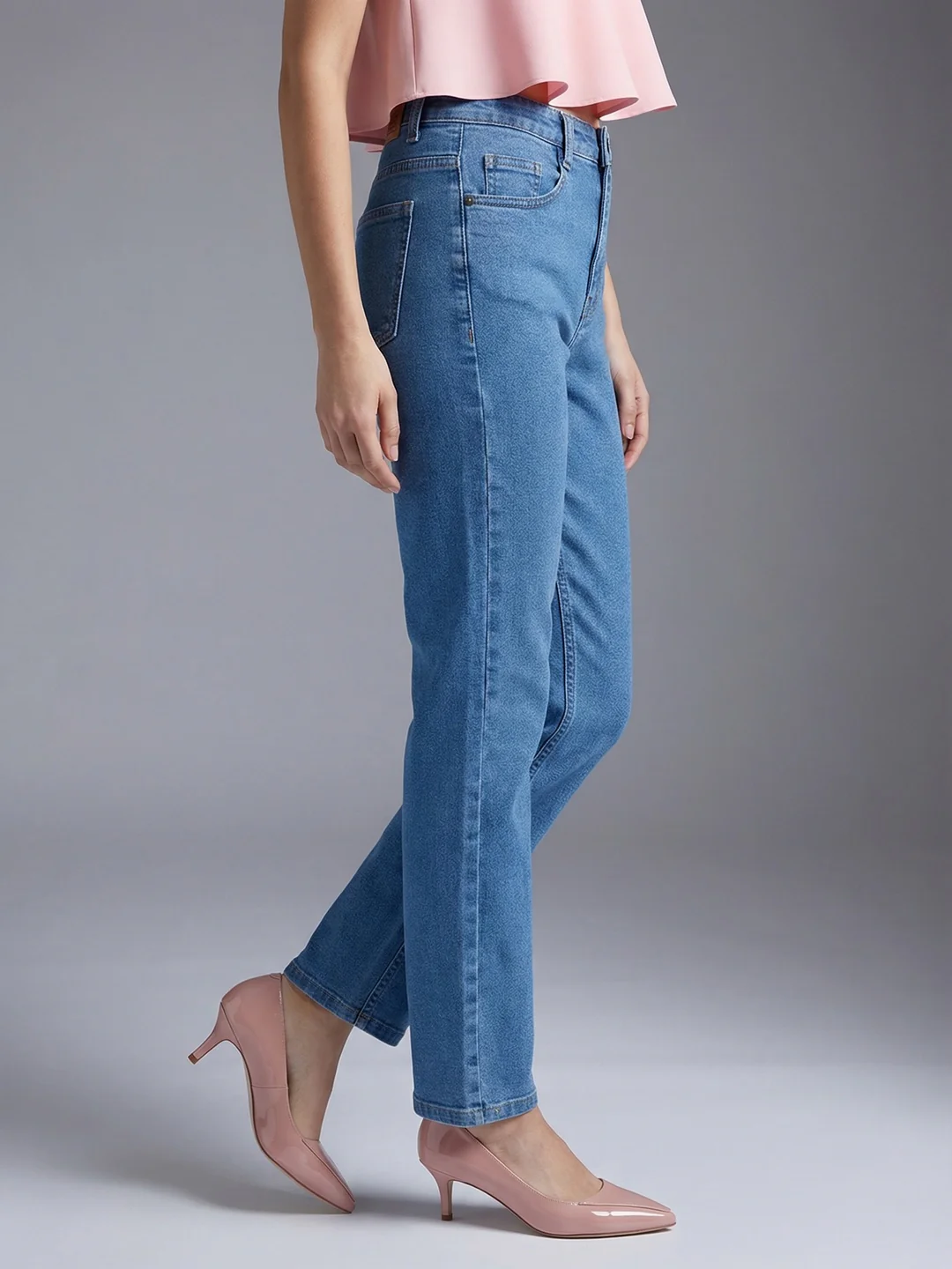 Women's Ice Blue High Rise Straight Fit Washed Jeans Non-Stretchable - Image 3