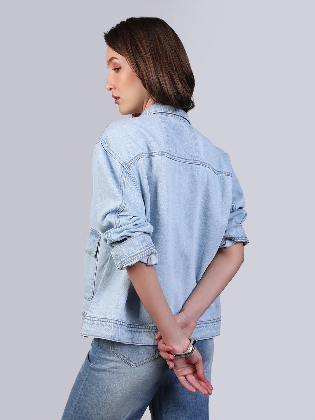 Women's Ice Blue Relaxed Fit Full Sleeve Utility Denim Jacket - Image 3