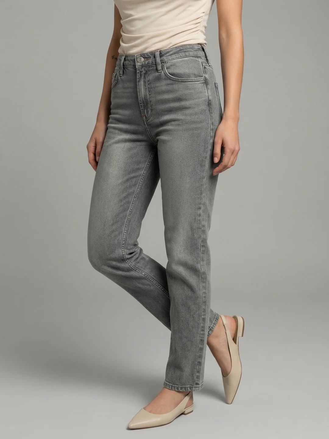 Women's Ice Grey High Rise Straight Fit Washed Jeans Non-Stretchable - Image 2