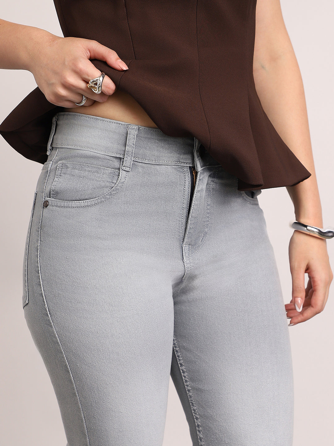 Women's Ice Grey Mid Rise Bootcut Fit Washed Jeans Stretchable - Image 5