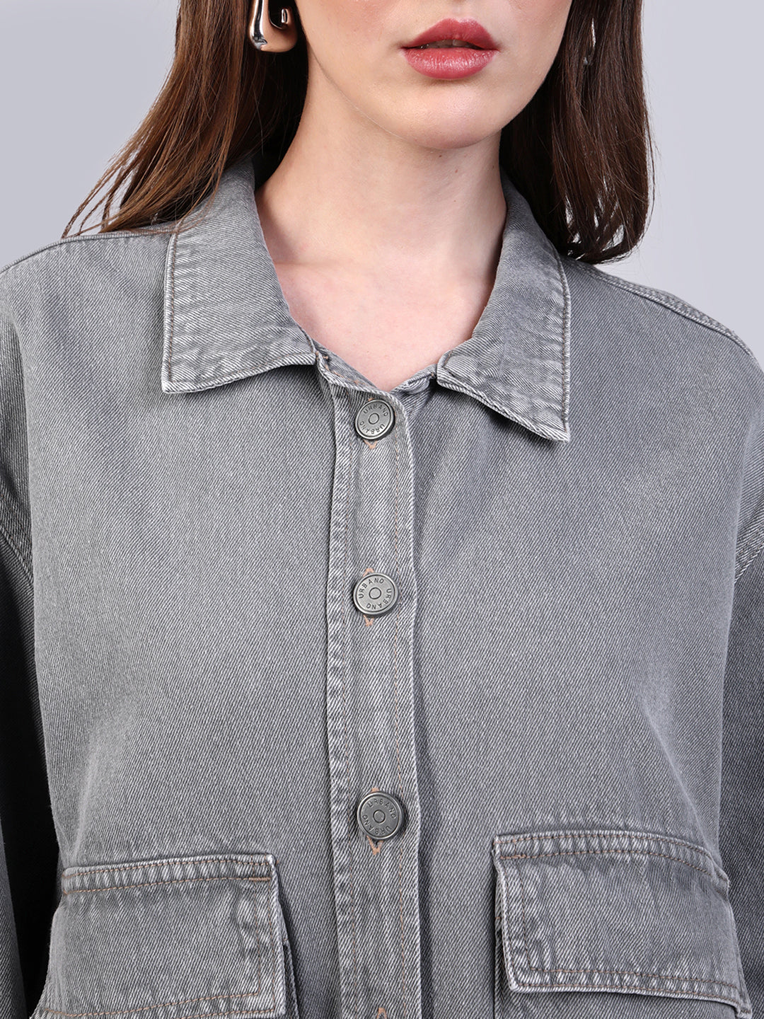 Women's Ice Grey Relaxed Fit Full Sleeve Utility Denim Jacket - Image 5