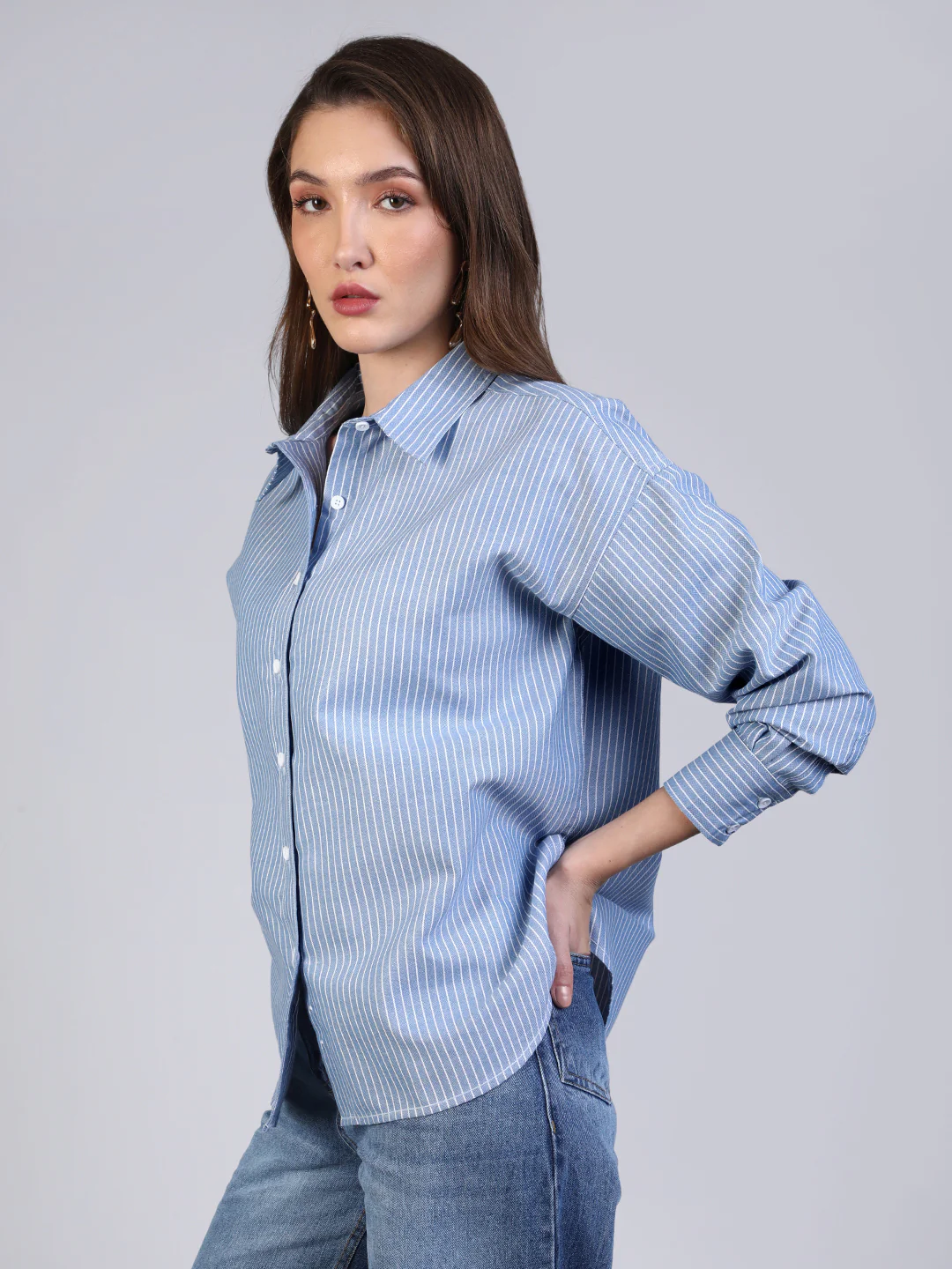 Women's Light Blue Cotton Full Sleeve Oversized Fit Casual Striped Shirt with Spread Collar - Image 3