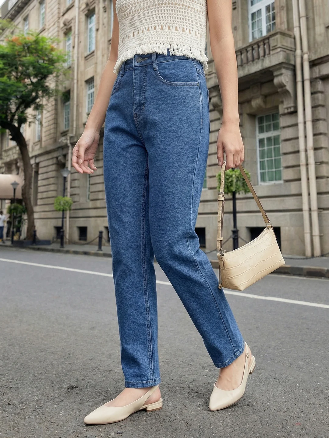 Women's Light Blue High Rise Straight Fit Washed Jeans Non-Stretchable