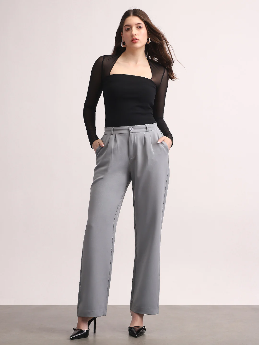 Women's Light Blue Loose Baggy Fit Solid Korean Pants Stretchable - Image 4