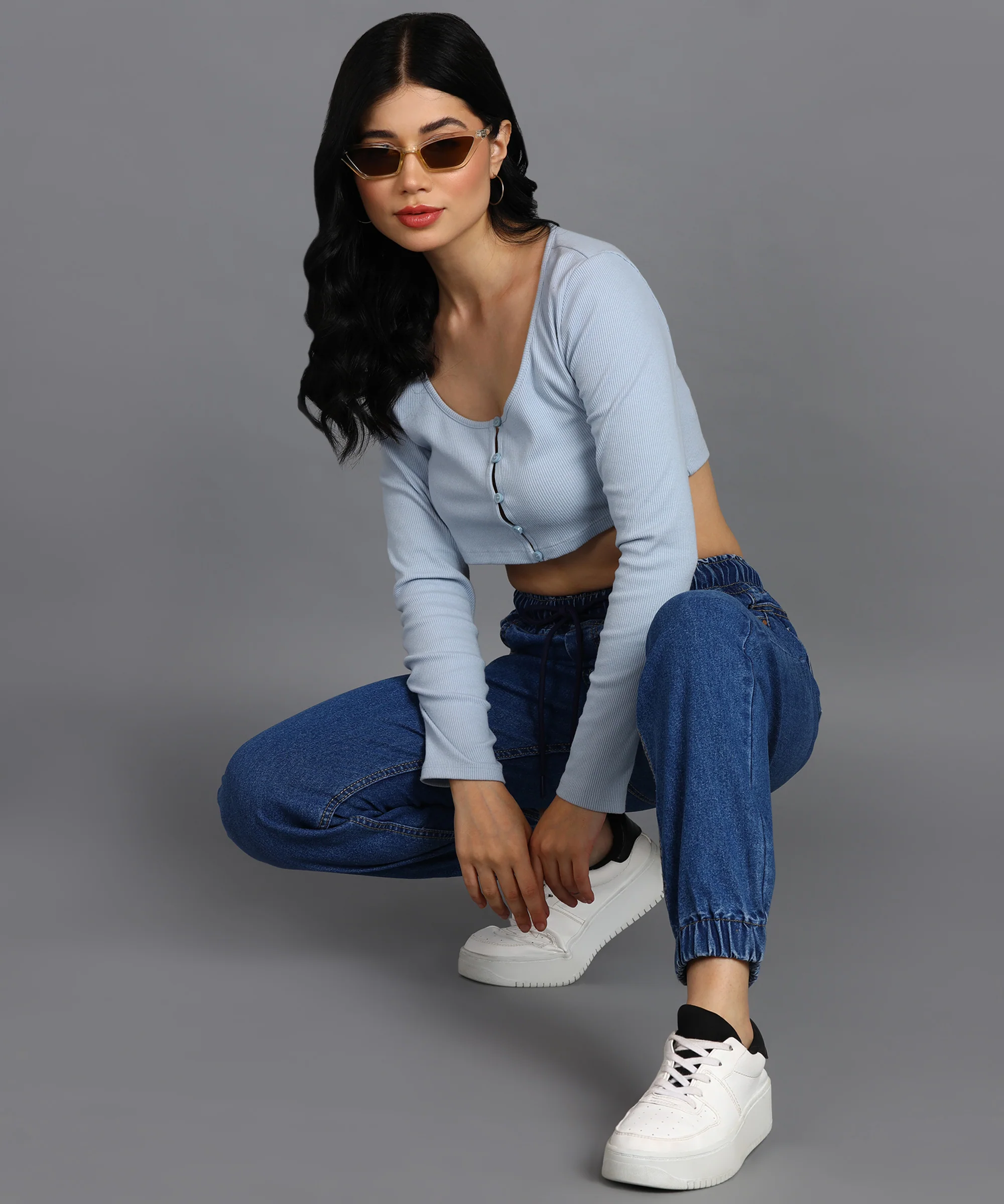 Women's Light Blue Regular Fit Washed Jogger Jeans - Image 4