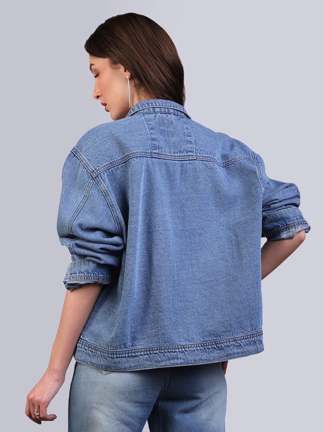 Women's Light Blue Relaxed Fit Full Sleeve Utility Denim Jacket - Image 3