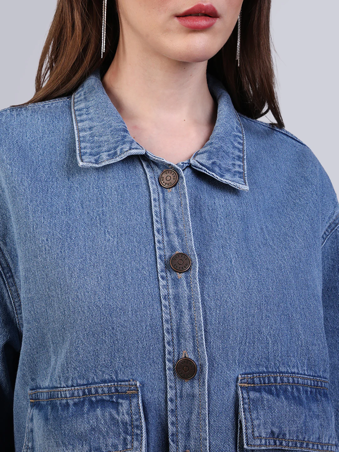 Women's Light Blue Relaxed Fit Full Sleeve Utility Denim Jacket - Image 5