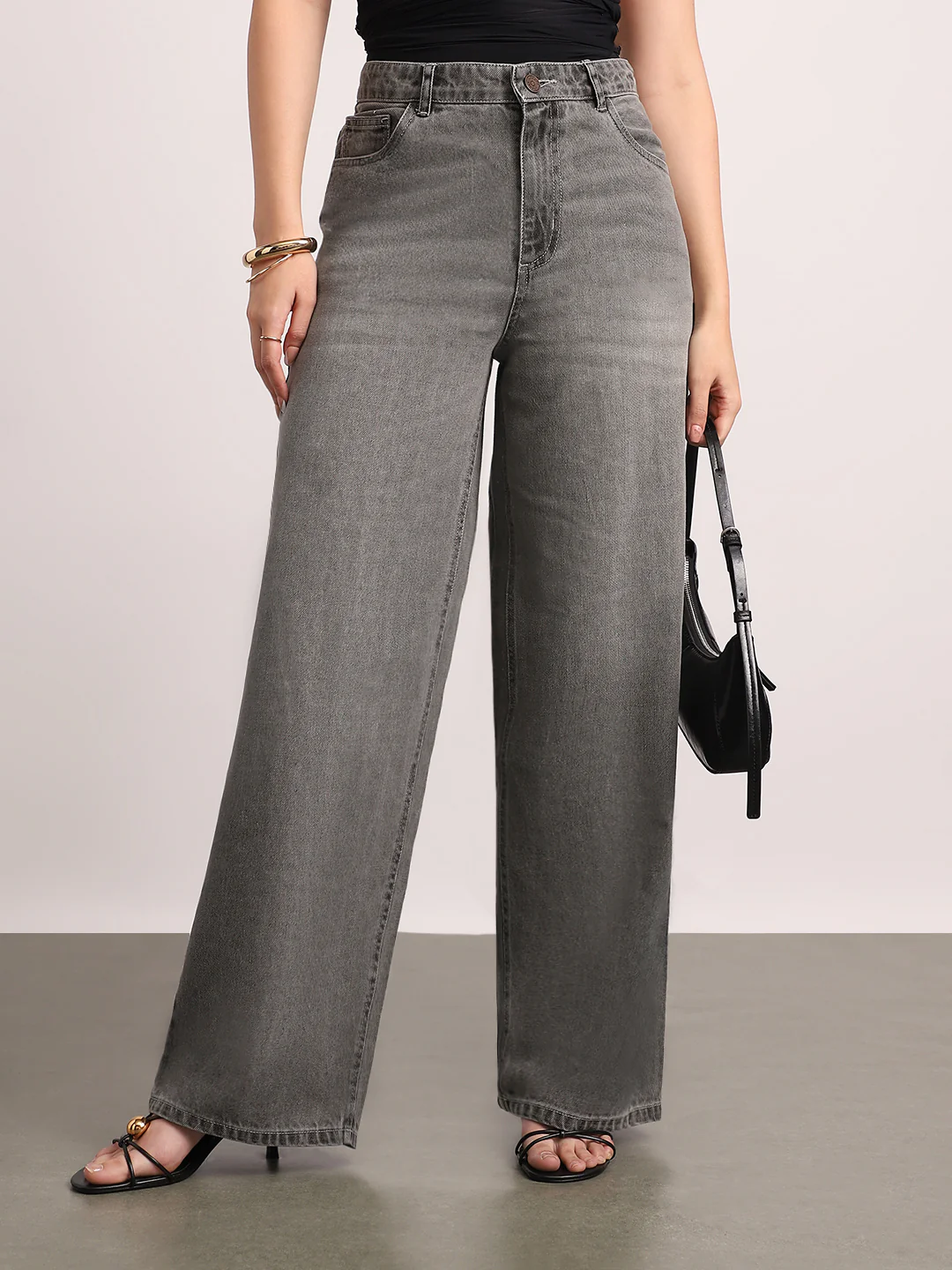 Women's Light Grey High Rise Baggy Fit Washed Jeans Non-Stretchable