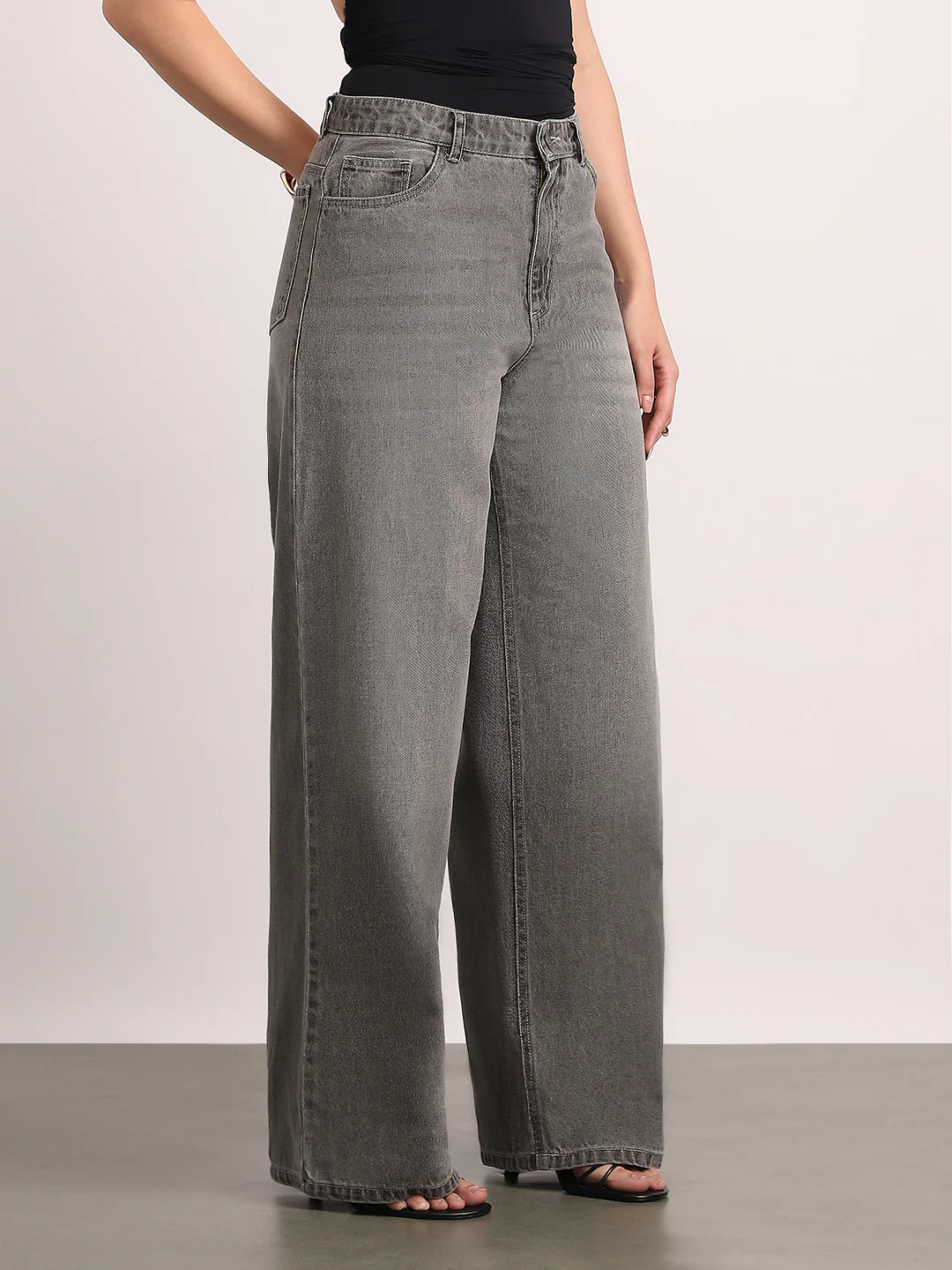 Women's Light Grey High Rise Baggy Fit Washed Jeans Non-Stretchable - Image 2