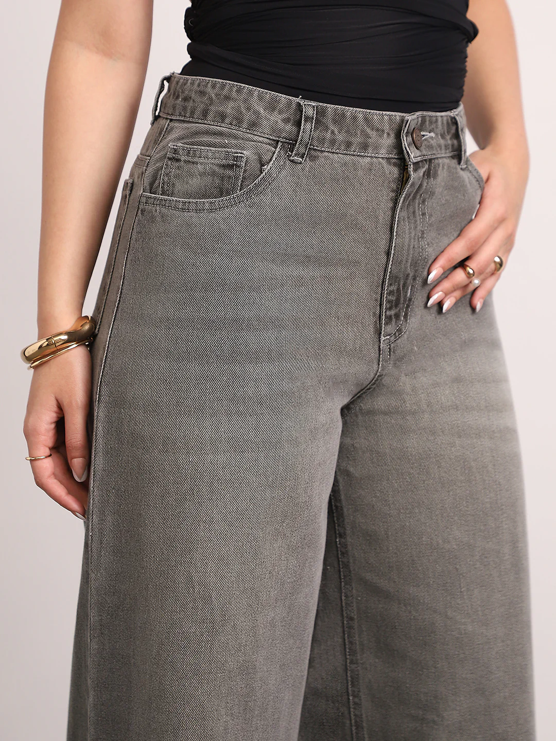 Women's Light Grey High Rise Baggy Fit Washed Jeans Non-Stretchable - Image 5