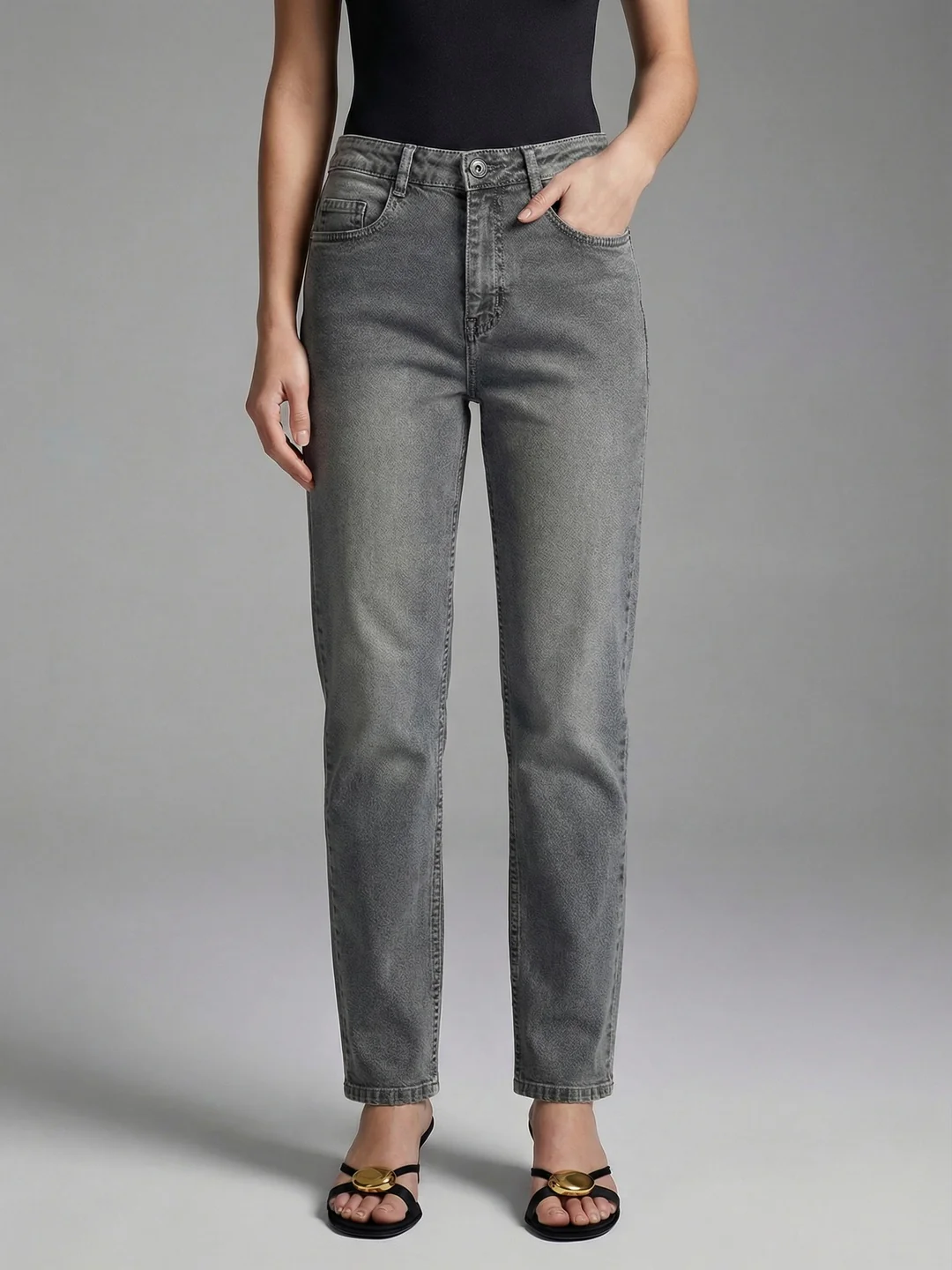 Women's Light Grey High Rise Straight Fit Washed Jeans Non-Stretchable - Image 2