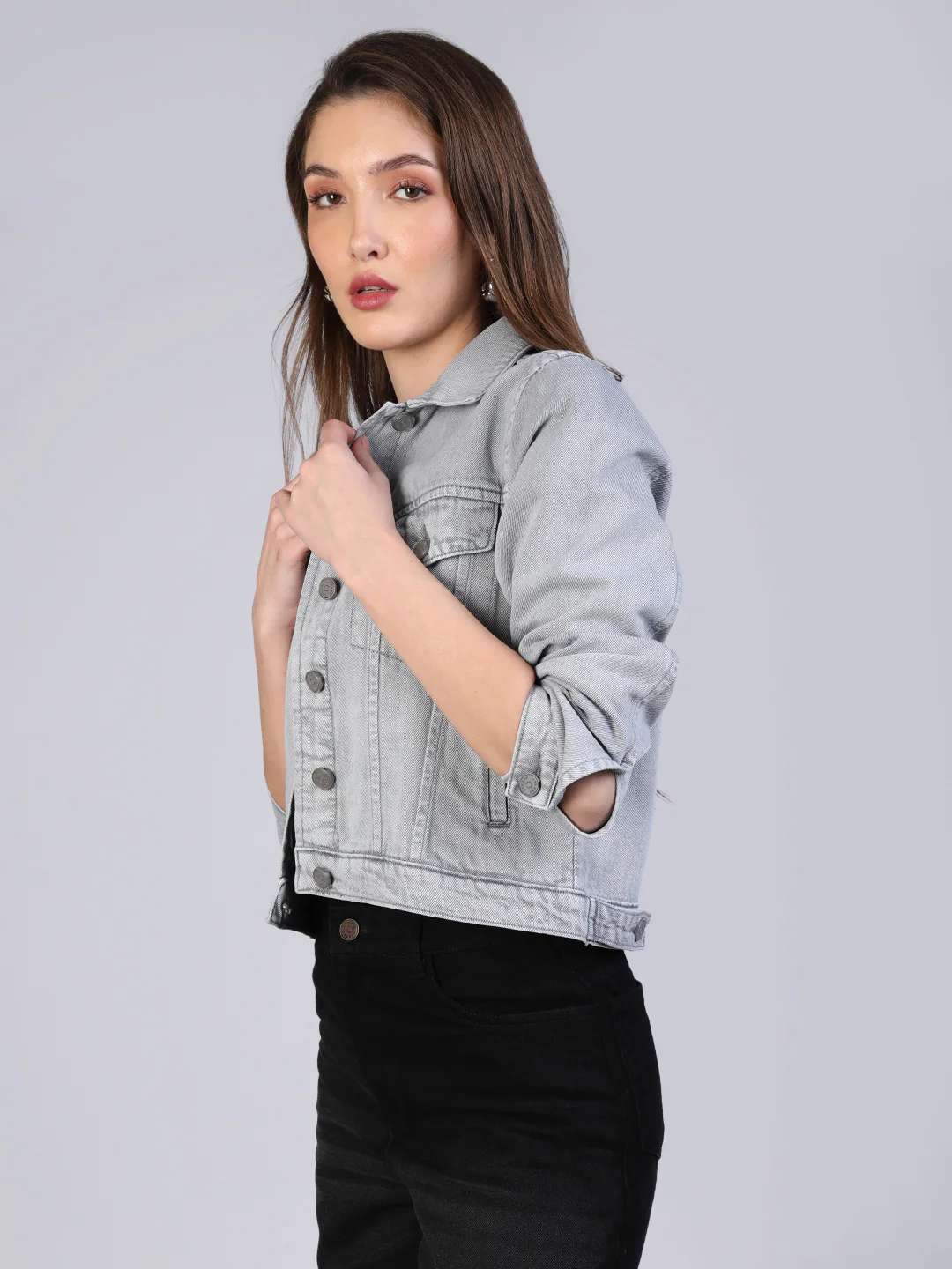Women's Light Grey Regular Fit Washed Full Sleeve Denim Jacket - Image 3