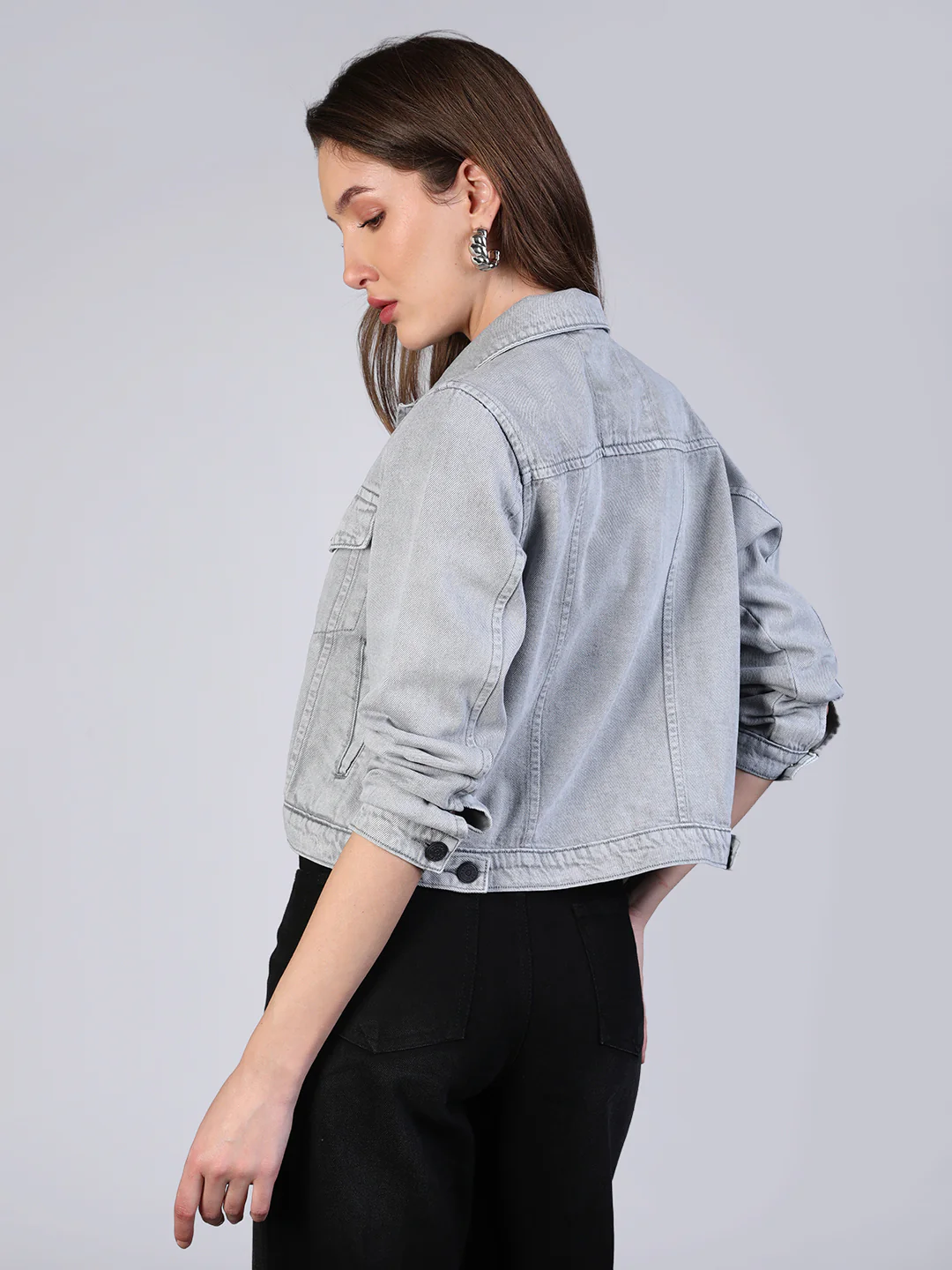 Women's Light Grey Regular Fit Washed Full Sleeve Denim Jacket - Image 4