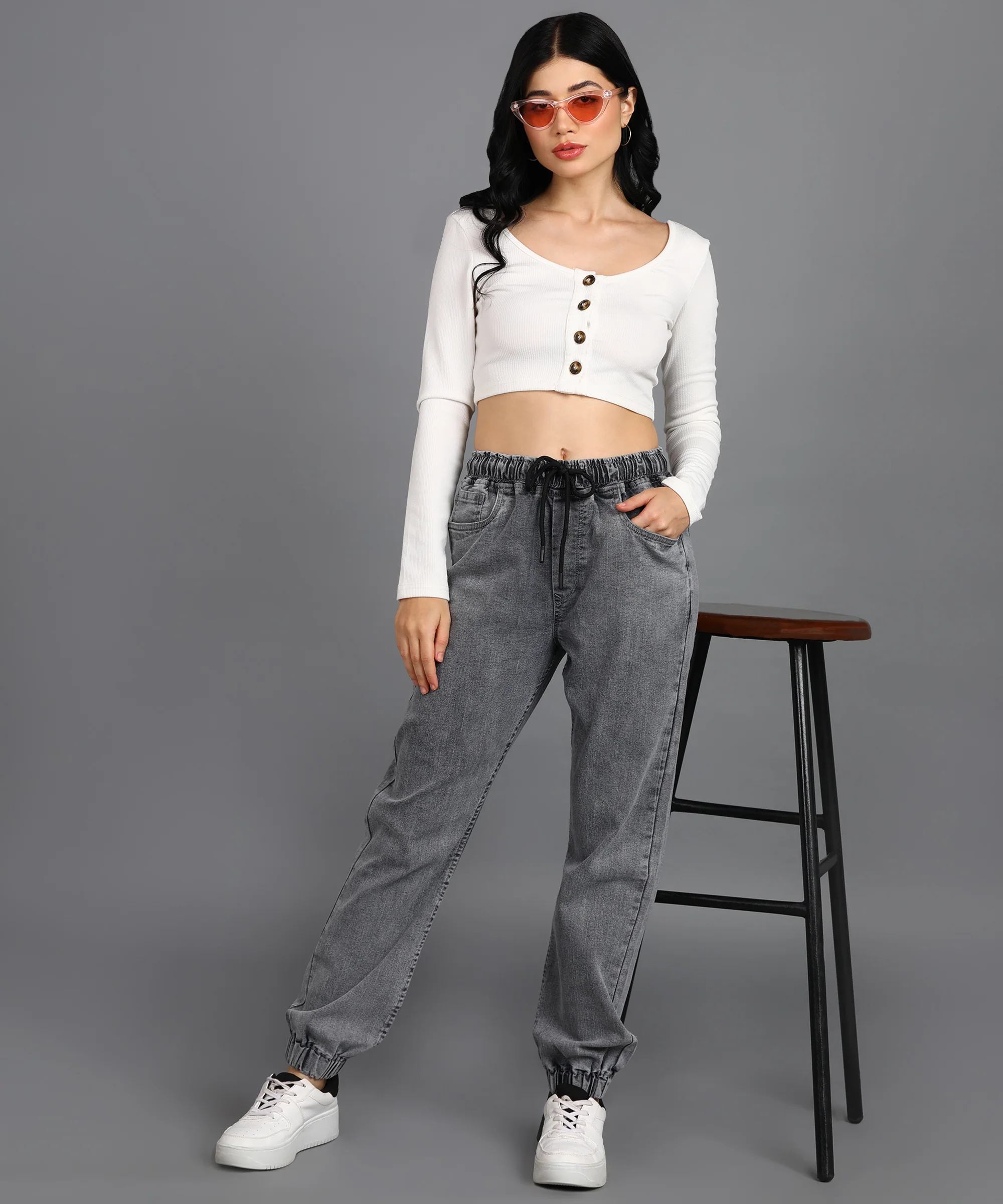 Women's Light Grey Regular Fit Washed Jogger Jeans - Image 4