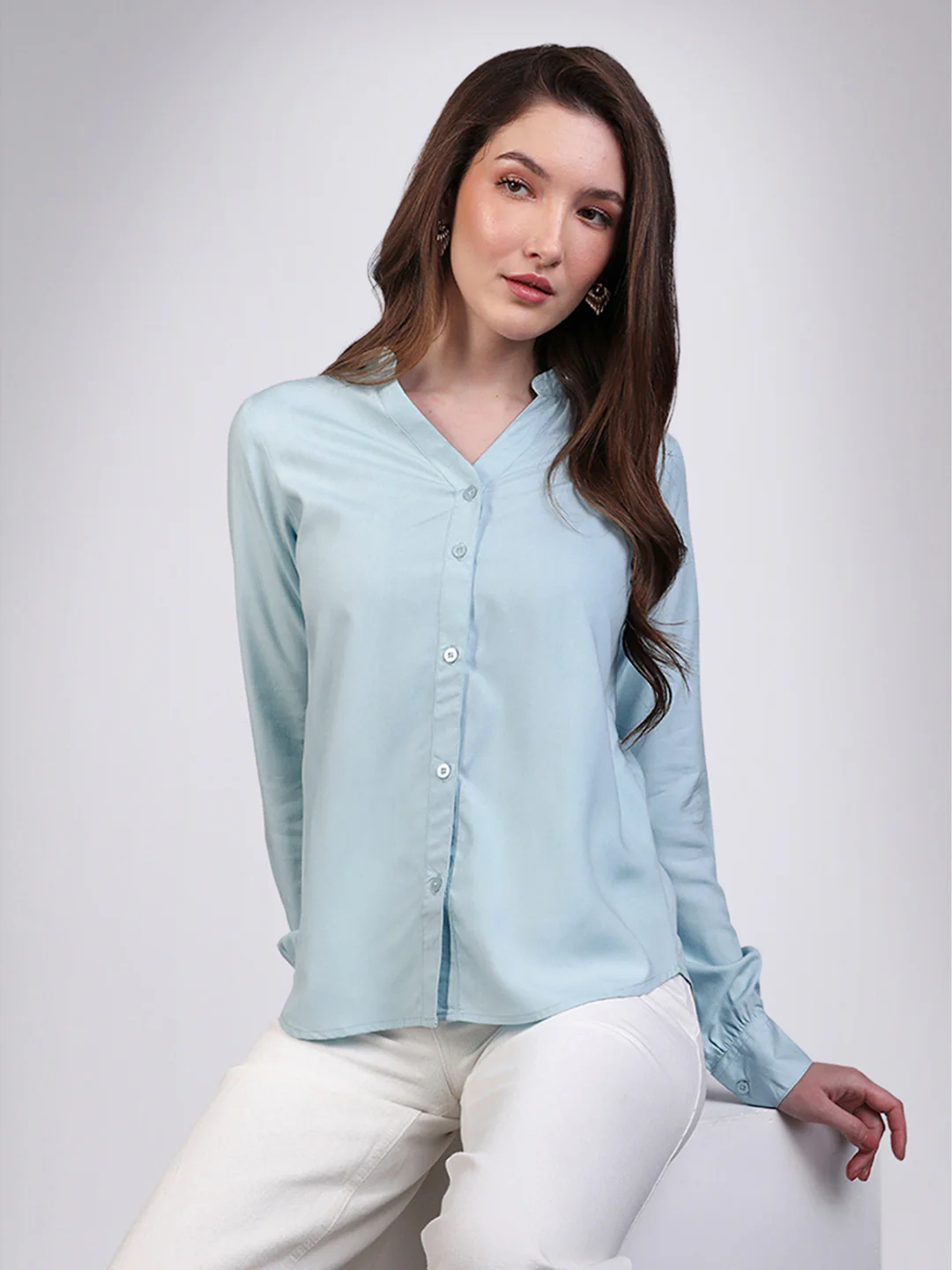Women's Light Sky Blue Modal Viscose Full Sleeve Regular Fit Casual Solid Shirt with Mandarin Collar - Image 2