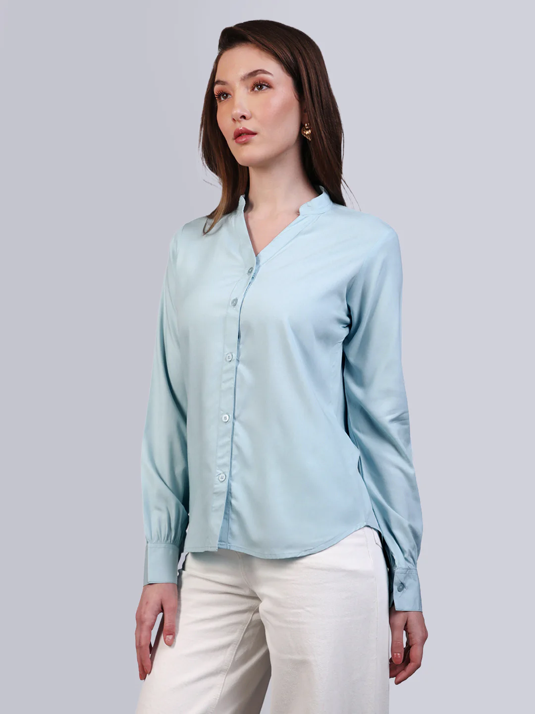 Women's Light Sky Blue Modal Viscose Full Sleeve Regular Fit Casual Solid Shirt with Mandarin Collar - Image 3