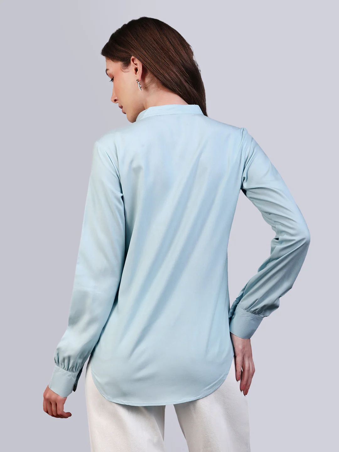 Women's Light Sky Blue Modal Viscose Full Sleeve Regular Fit Casual Solid Shirt with Mandarin Collar - Image 4