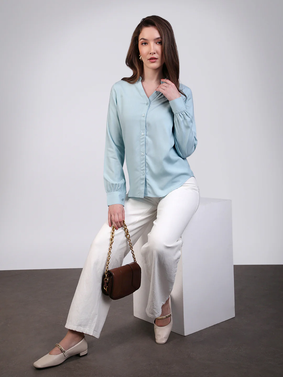 Women's Light Sky Blue Modal Viscose Full Sleeve Regular Fit Casual Solid Shirt with Mandarin Collar - Image 5