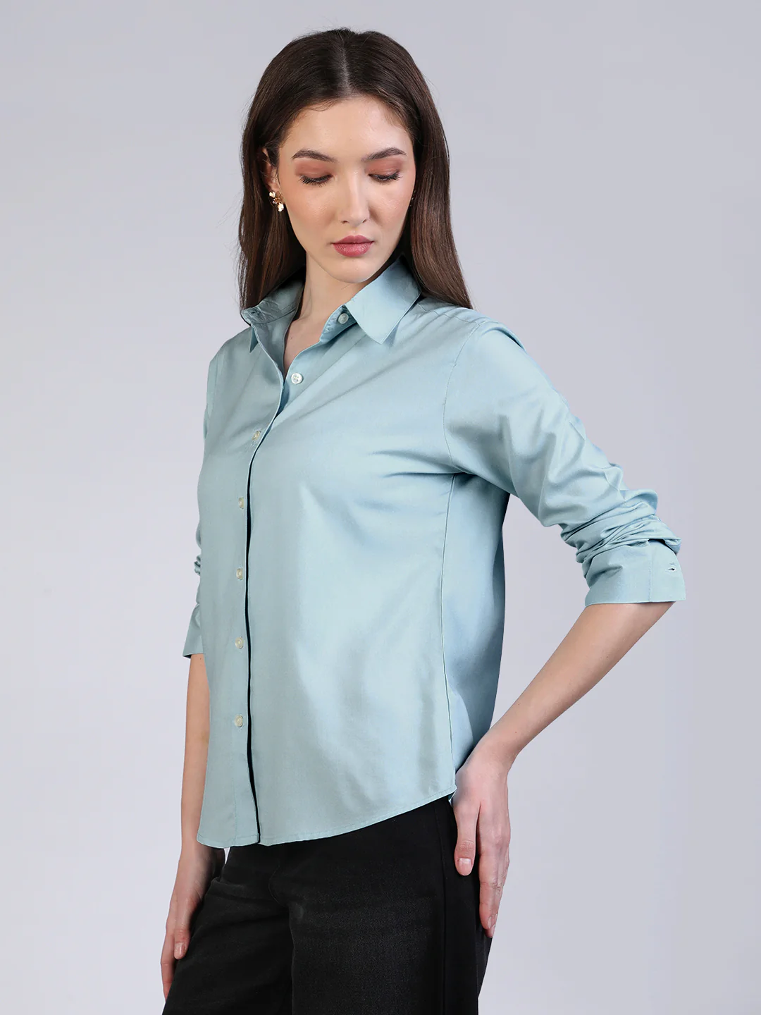 Women's Light Sky Blue Modal Viscose Full Sleeve Regular Fit Casual Solid Shirt with Regular Collar - Image 3
