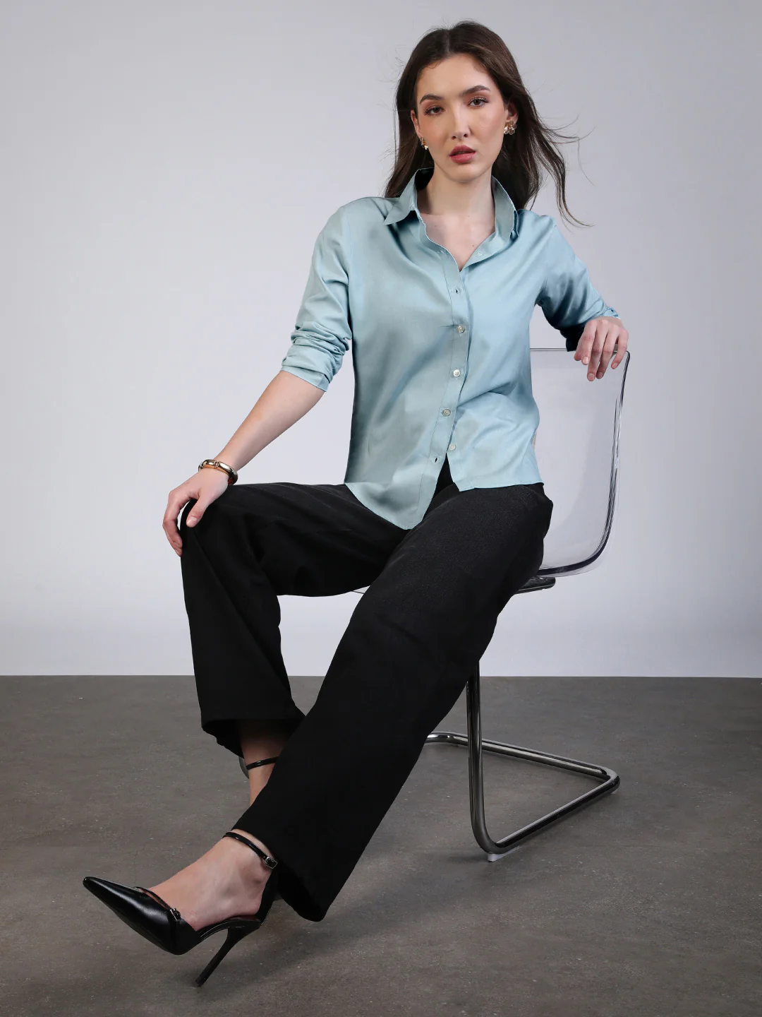 Women's Light Sky Blue Modal Viscose Full Sleeve Regular Fit Casual Solid Shirt with Regular Collar - Image 5
