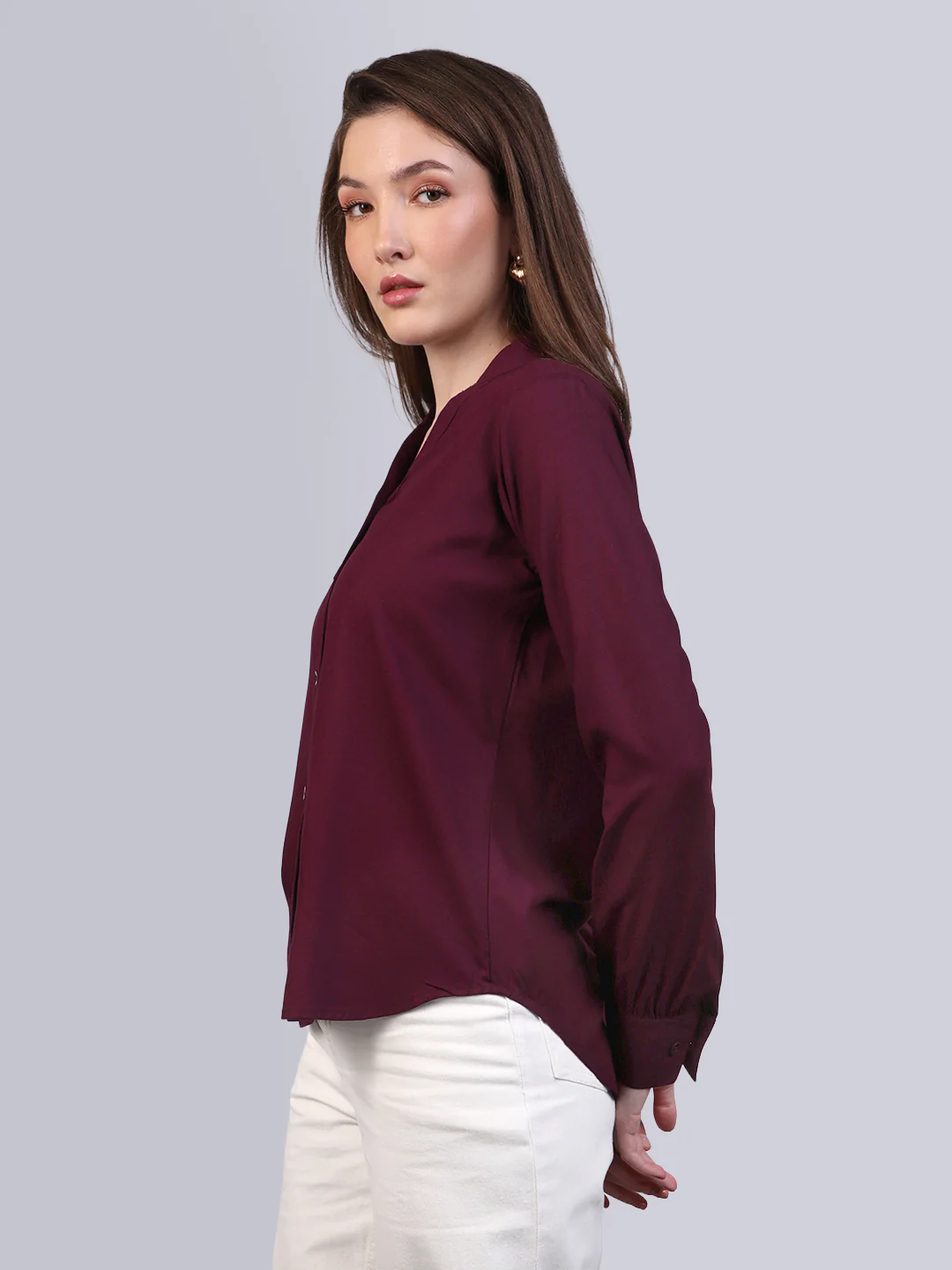 Women's Maroon Modal Viscose Full Sleeve Regular Fit Casual Solid Shirt with Mandarin Collar - Image 2