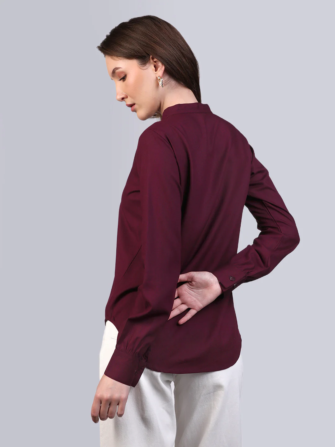 Women's Maroon Modal Viscose Full Sleeve Regular Fit Casual Solid Shirt with Mandarin Collar - Image 3
