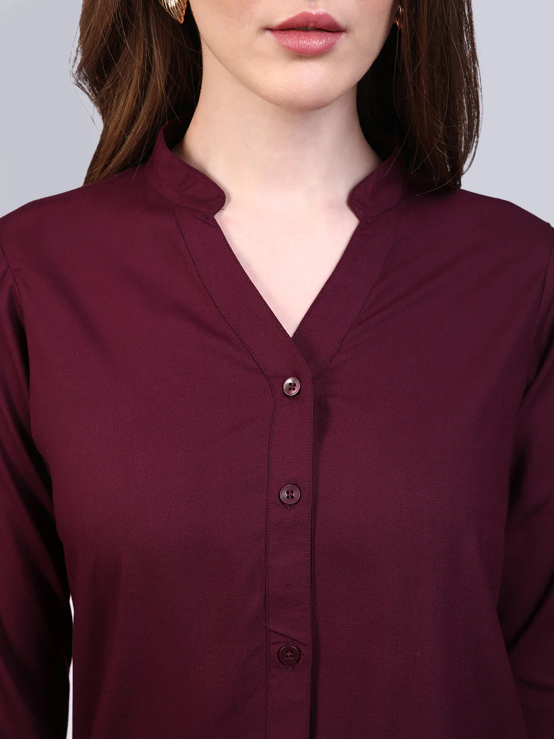Women's Maroon Modal Viscose Full Sleeve Regular Fit Casual Solid Shirt with Mandarin Collar - Image 5