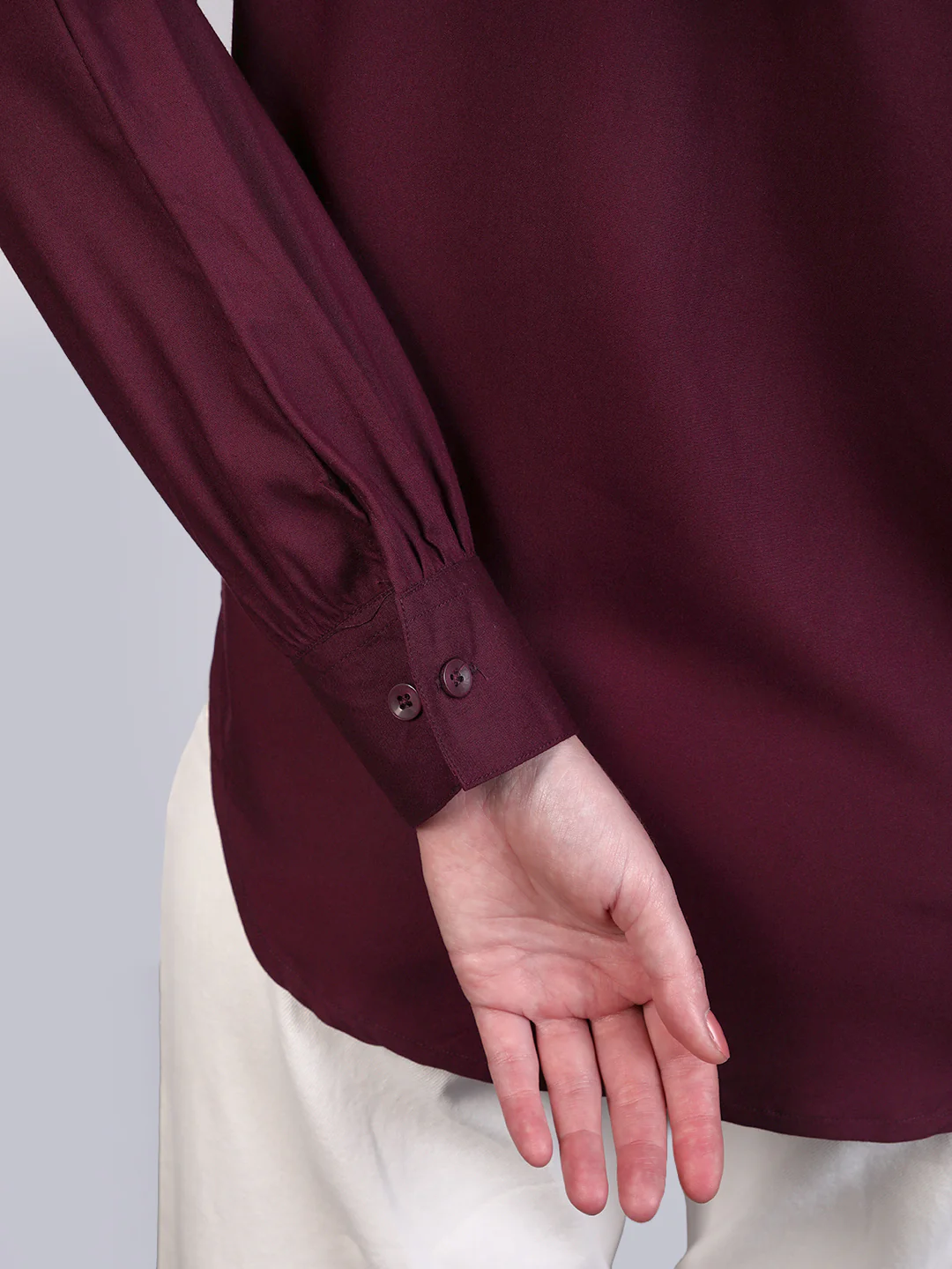 Women's Maroon Modal Viscose Full Sleeve Regular Fit Casual Solid Shirt with Mandarin Collar - Image 6