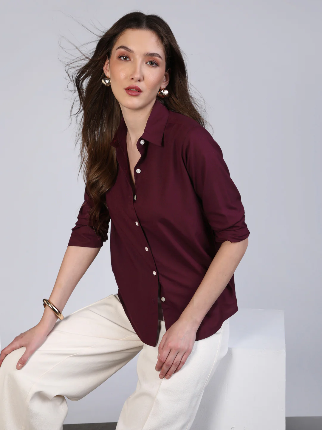 Women's Maroon Modal Viscose Full Sleeve Regular Fit Casual Solid Shirt with Regular Collar - Image 2